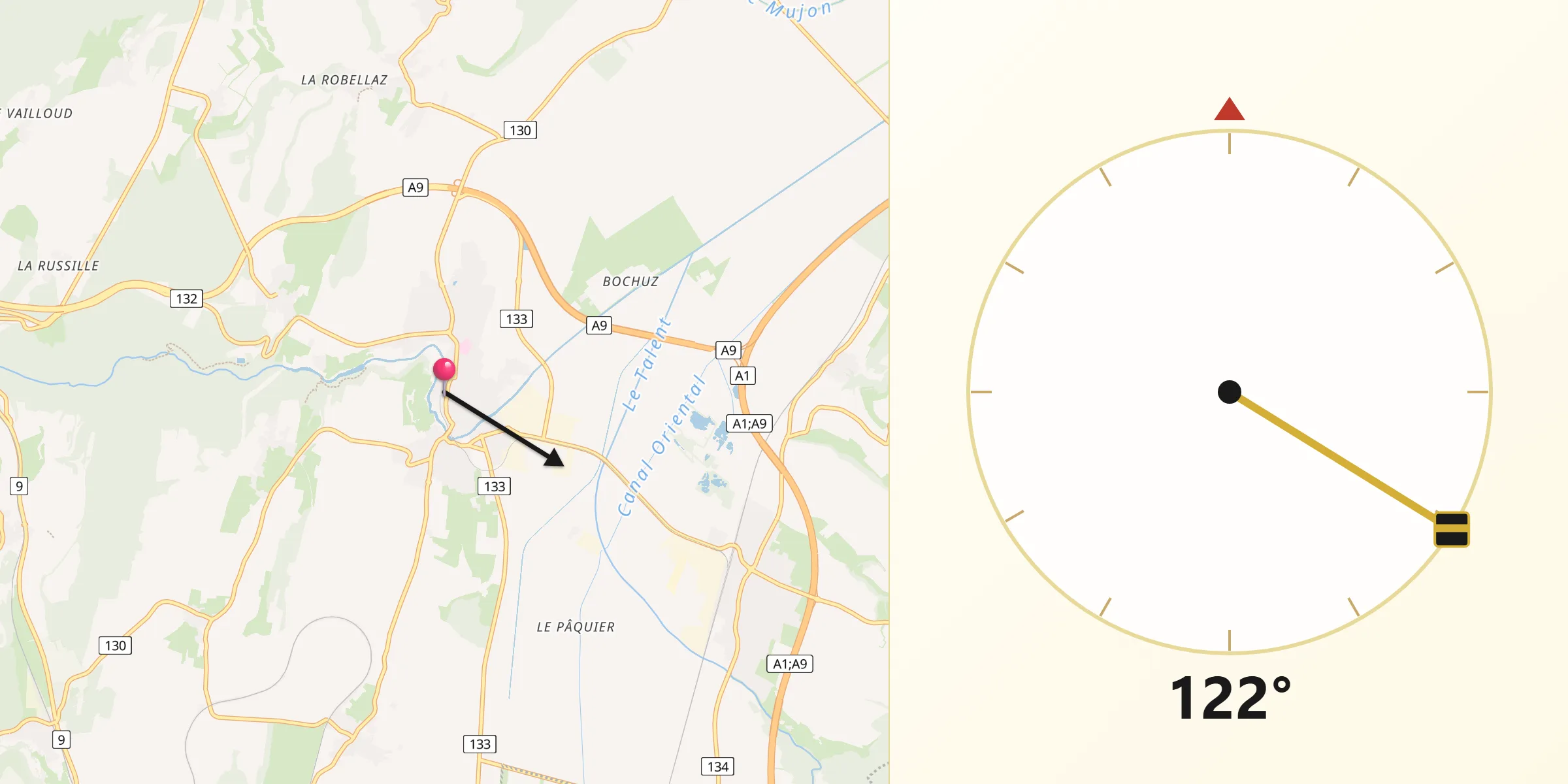 Direction vers la Qibla depuis Orbe