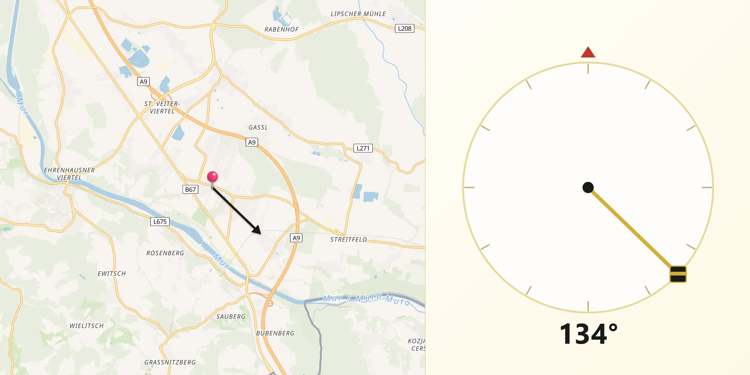 Qibla-Richtung von Straß in Steiermark
