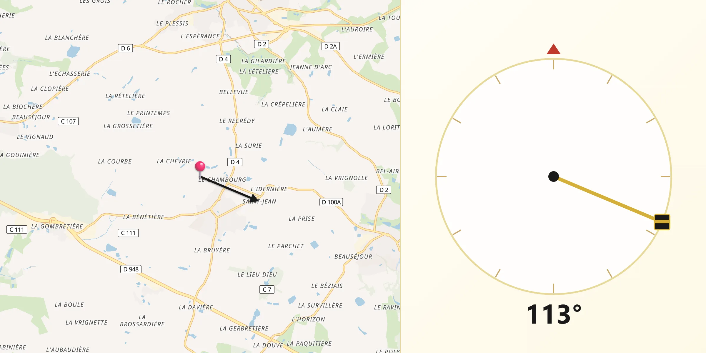 Direction vers la Qibla depuis La Génétouze