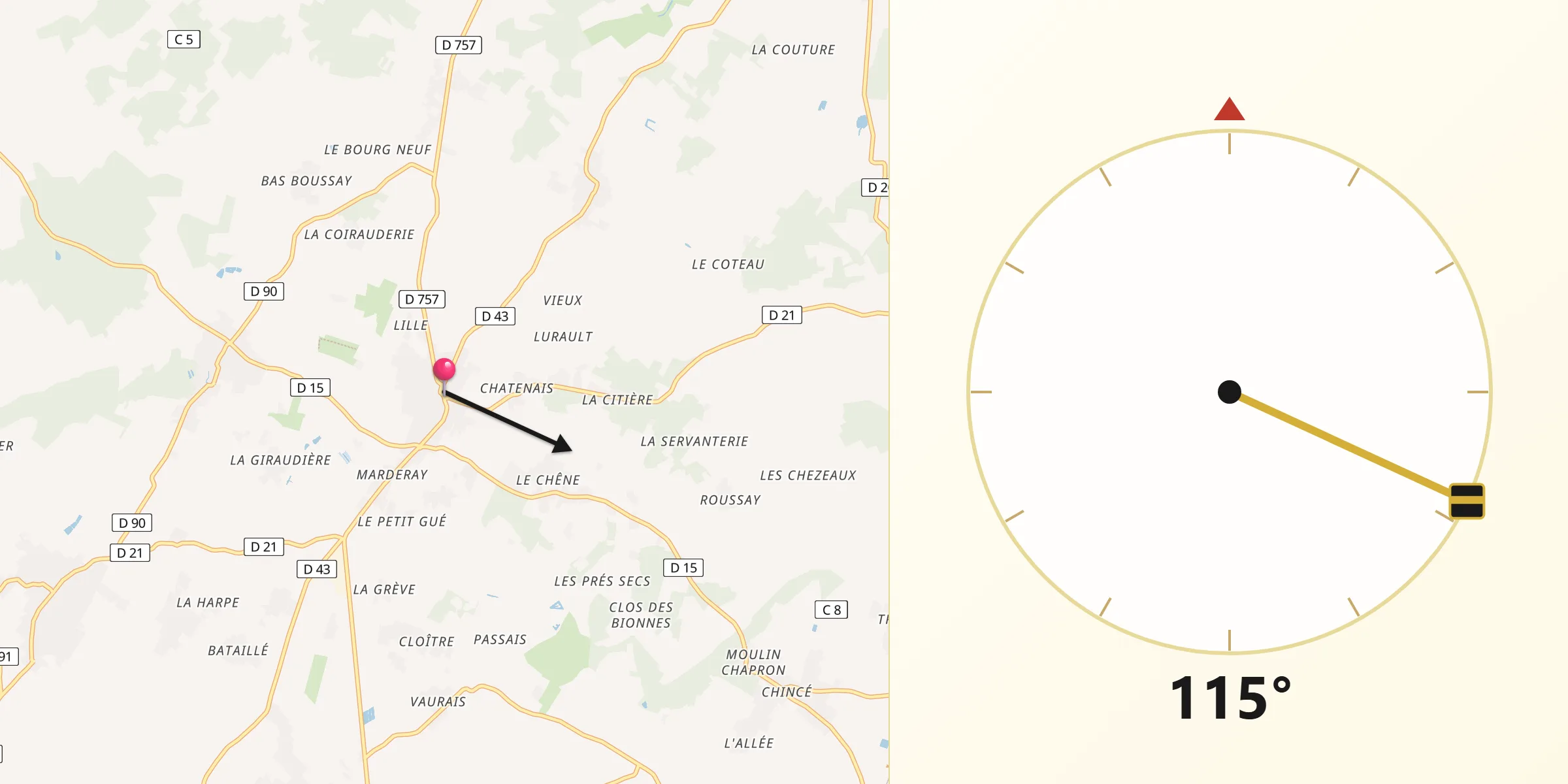 Direction vers la Qibla depuis Vendeuvre-du-Poitou