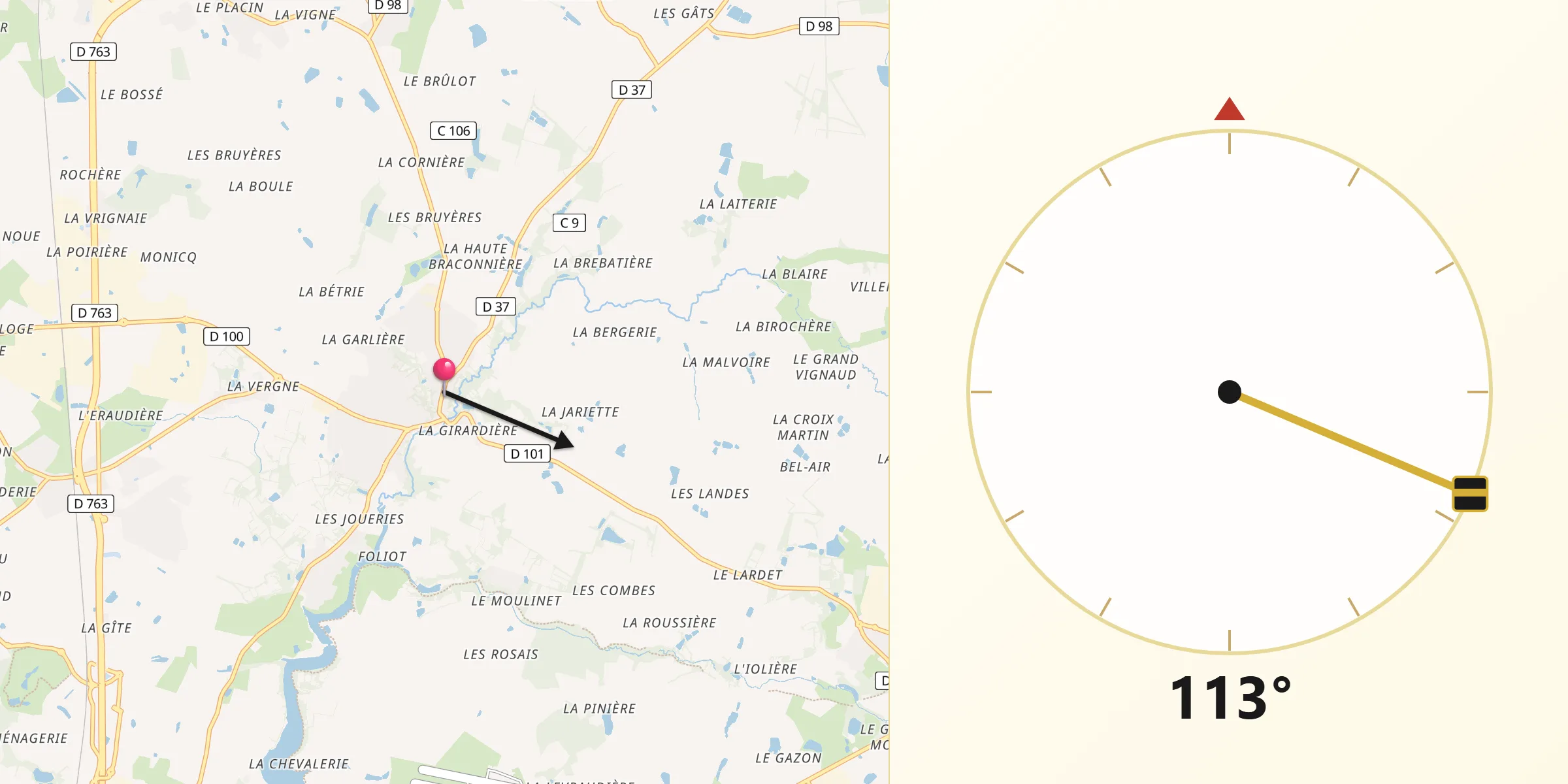 Direction vers la Qibla depuis Dompierre-sur-Yon