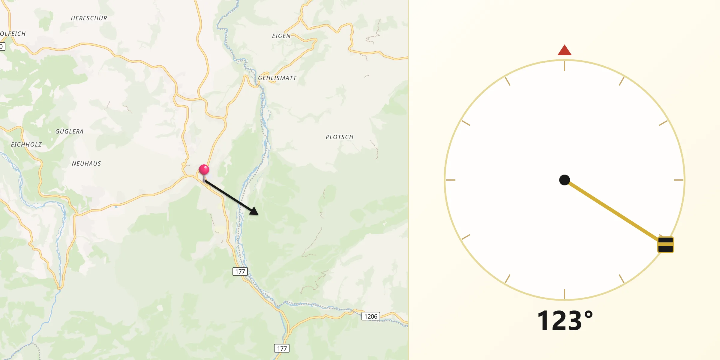 Direction vers la Qibla depuis Plaffeien