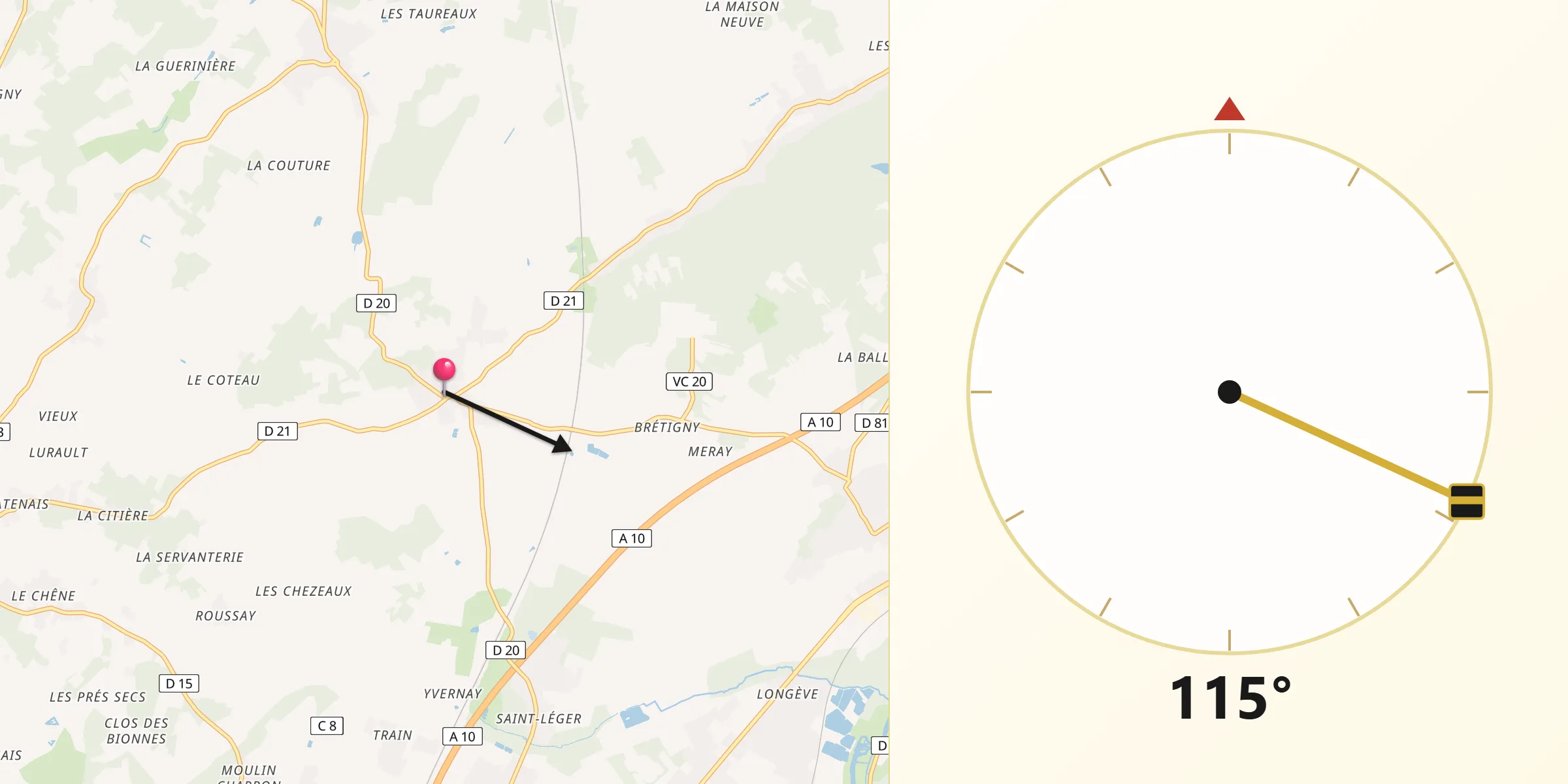 Direction vers la Qibla depuis Marigny-Brizay