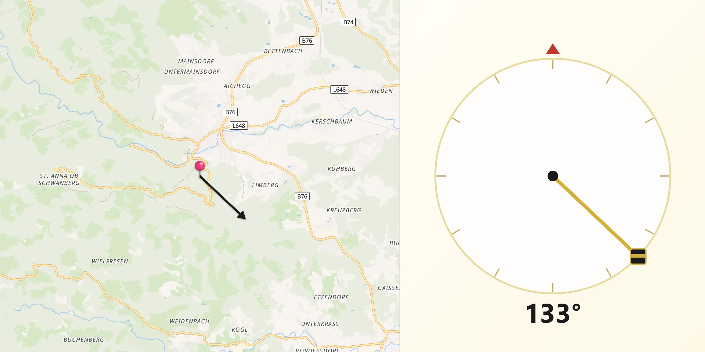 Qibla-Richtung von Politischer Bezirk Deutschlandsberg