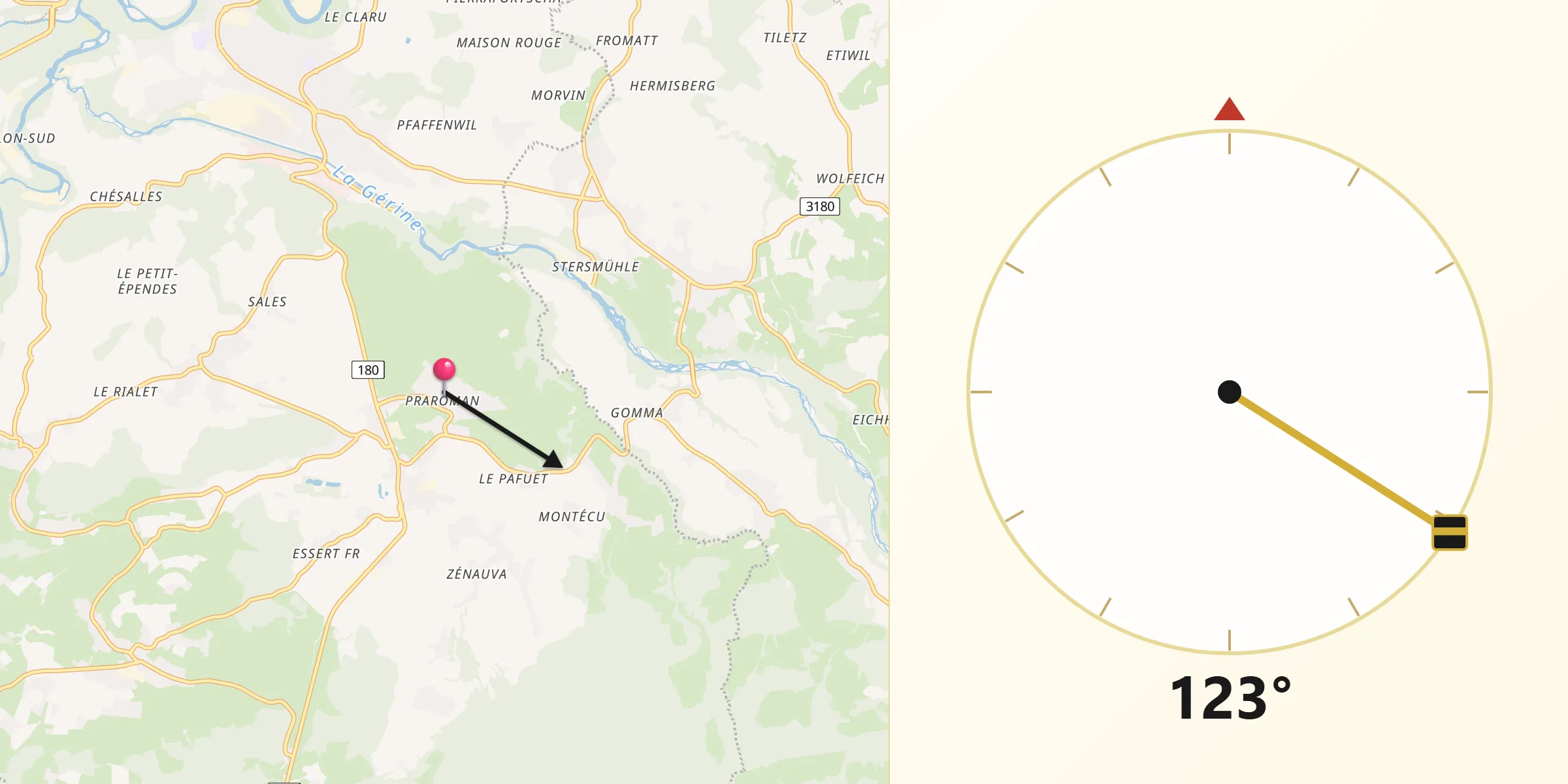 Direction vers la Qibla depuis Praroman