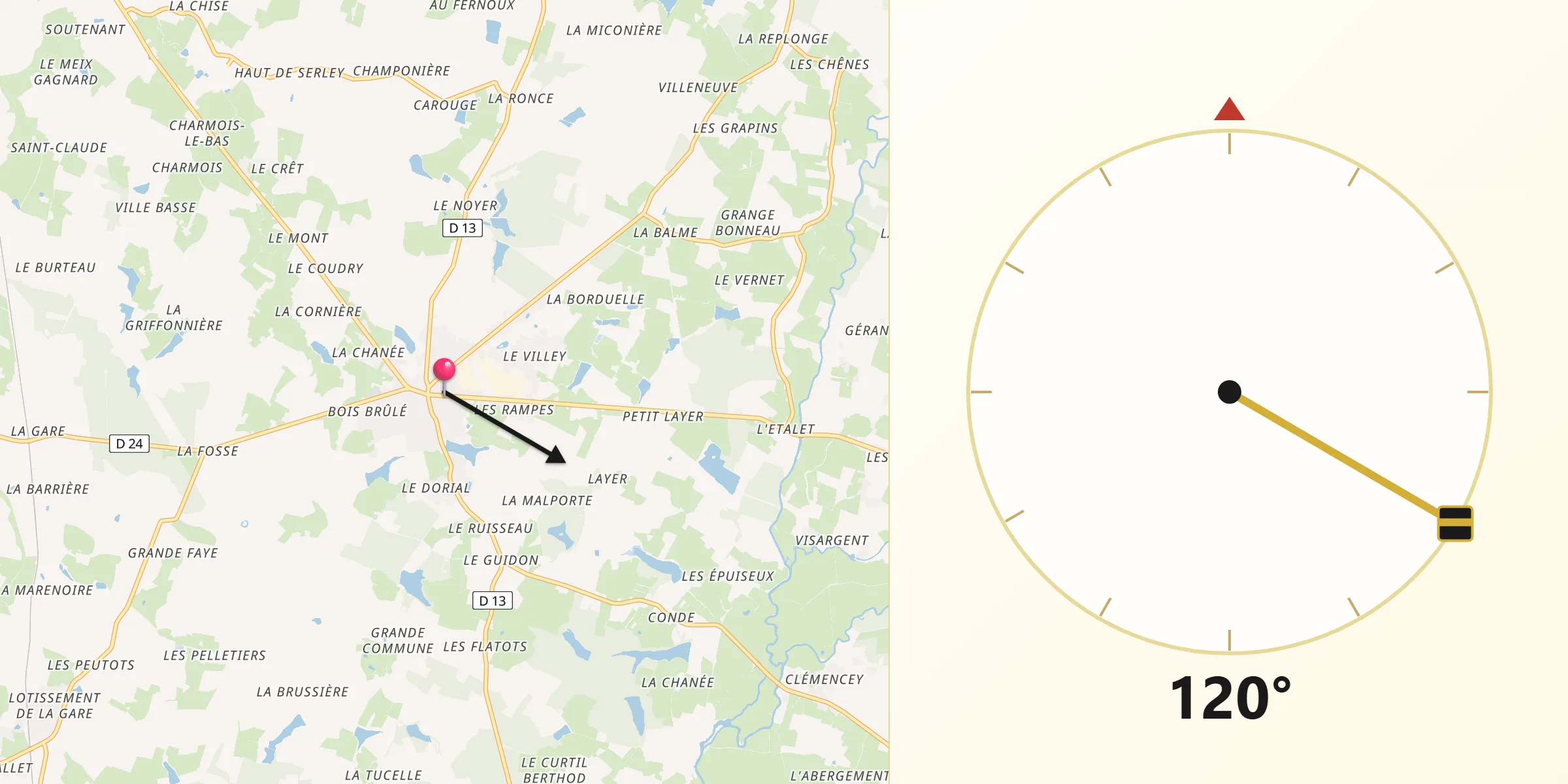 Direction vers la Qibla depuis Saint-Germain-du-Bois