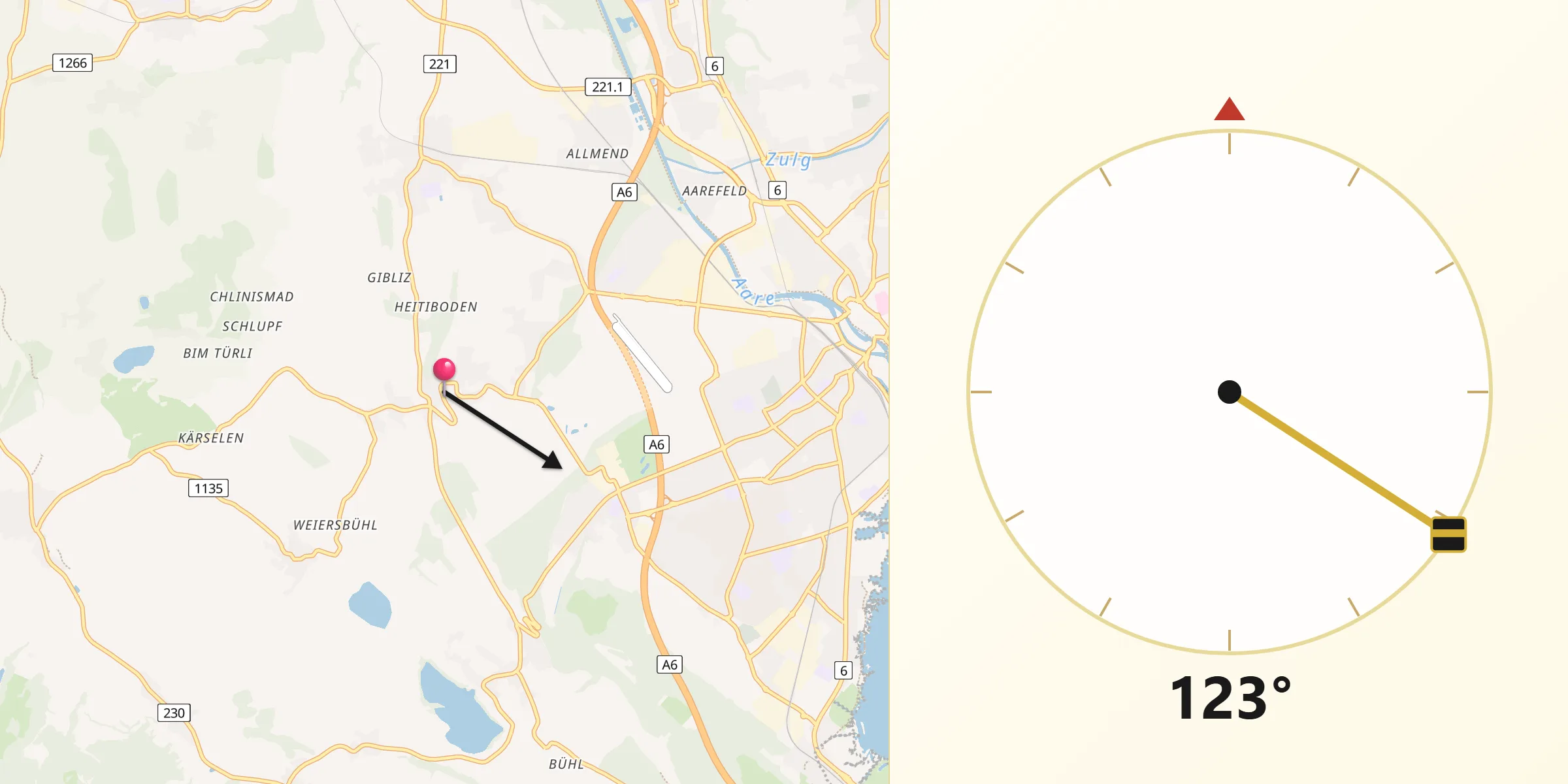Direction vers la Qibla depuis Thierachern