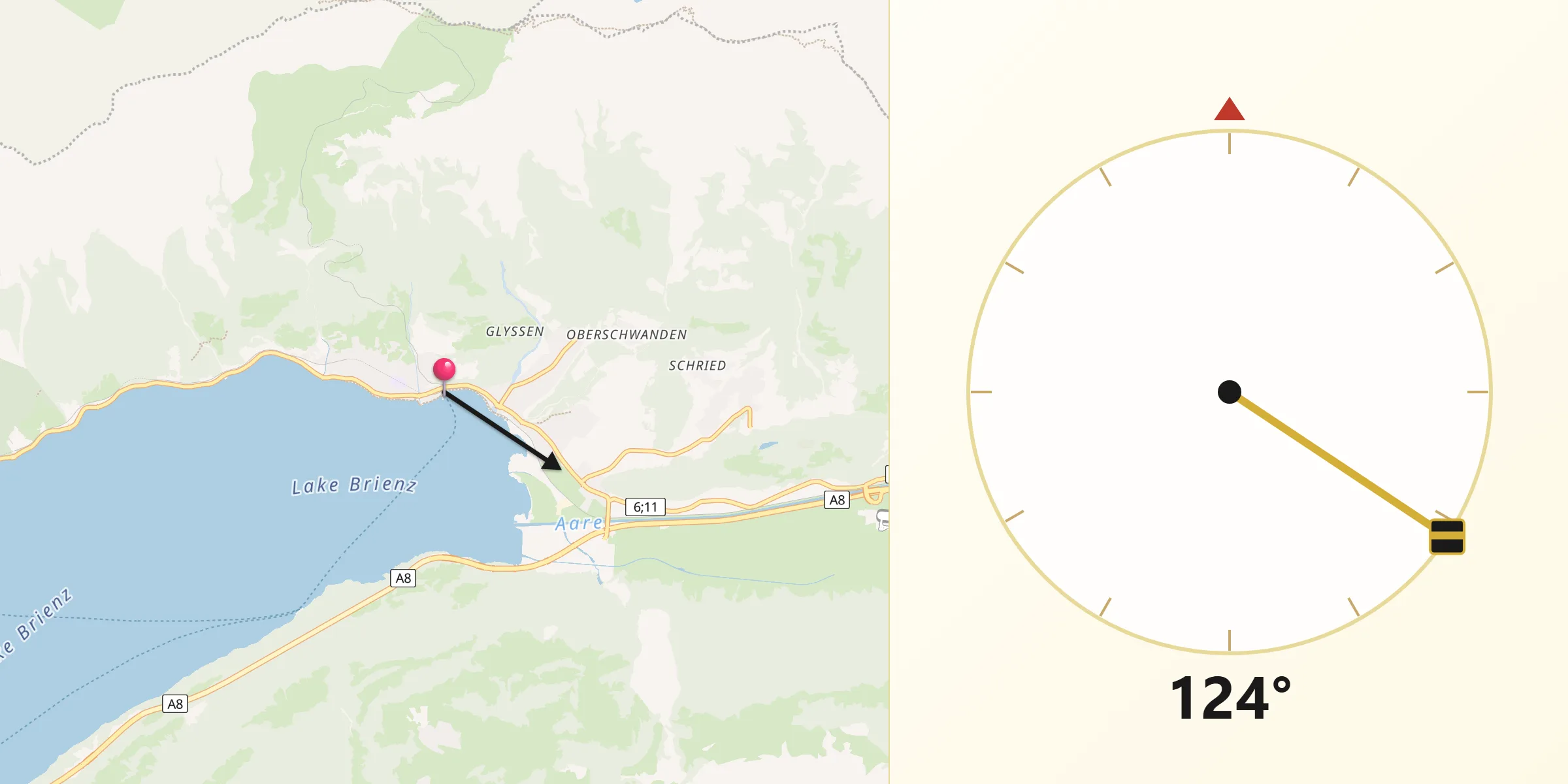 Direction vers la Qibla depuis Brienz