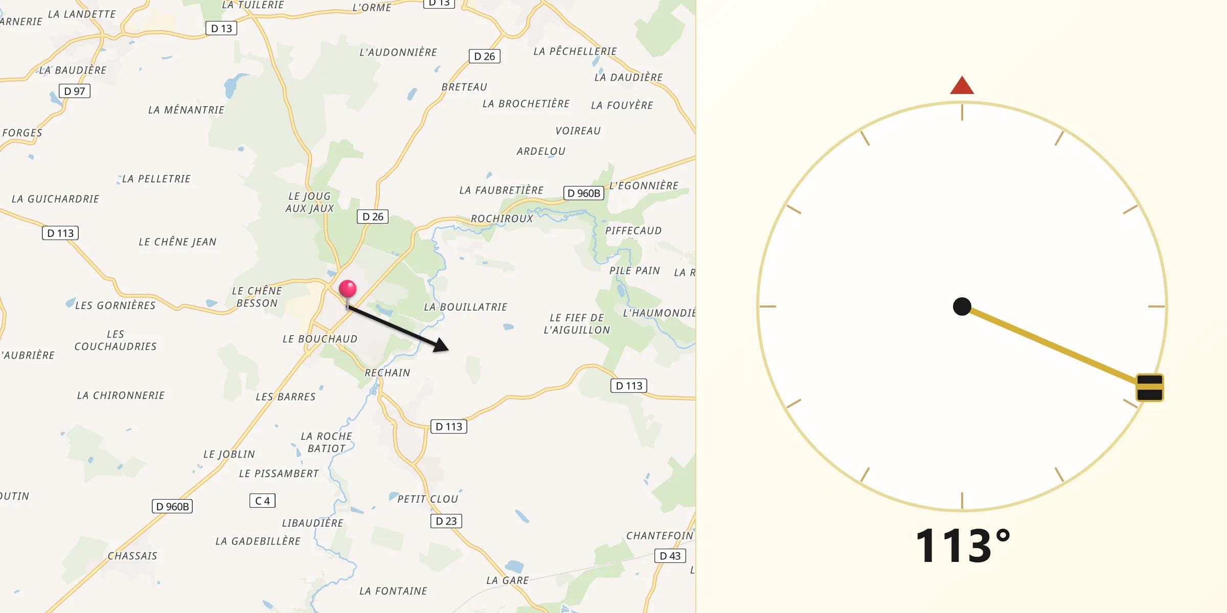 Direction vers la Qibla depuis Saint-Prouant