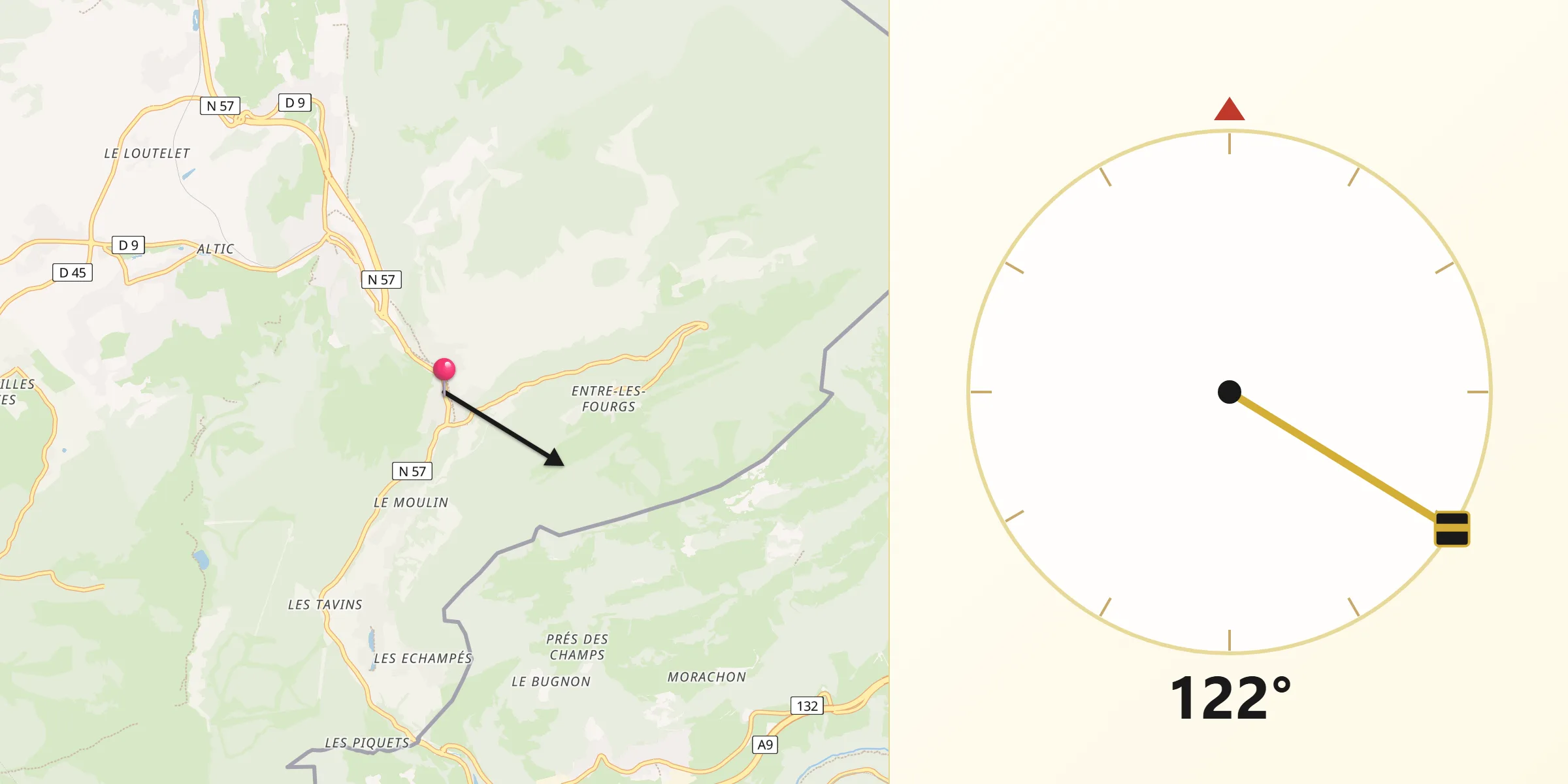 Direction vers la Qibla depuis Jougne