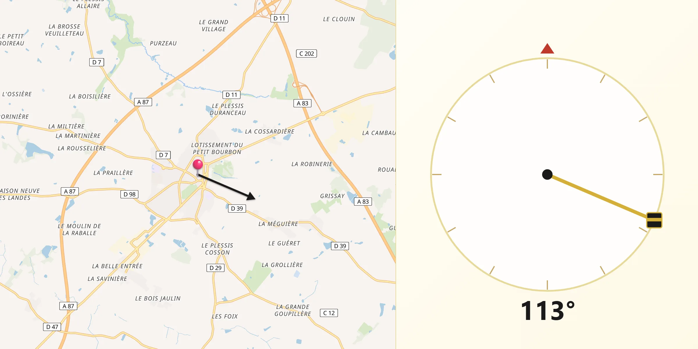 Direction vers la Qibla depuis Les Essarts