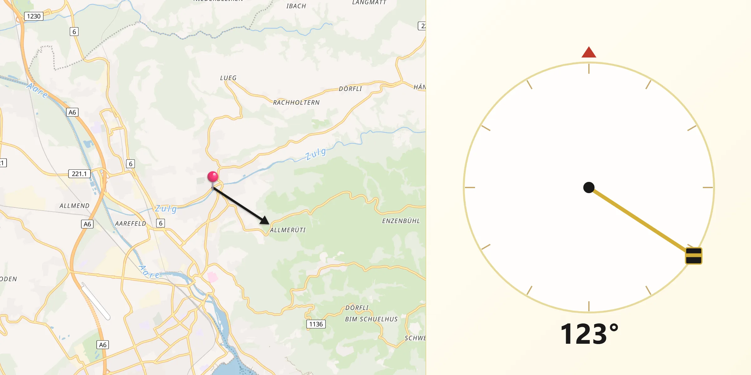 Direction vers la Qibla depuis Steffisburg