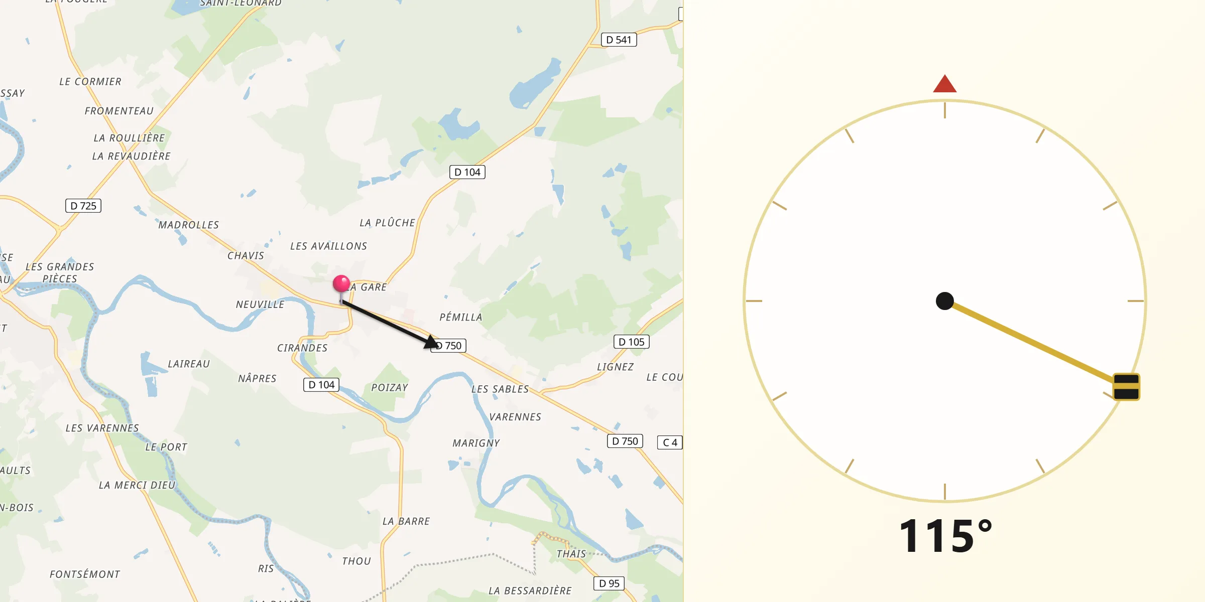 Direction vers la Qibla depuis Yzeures-sur-Creuse