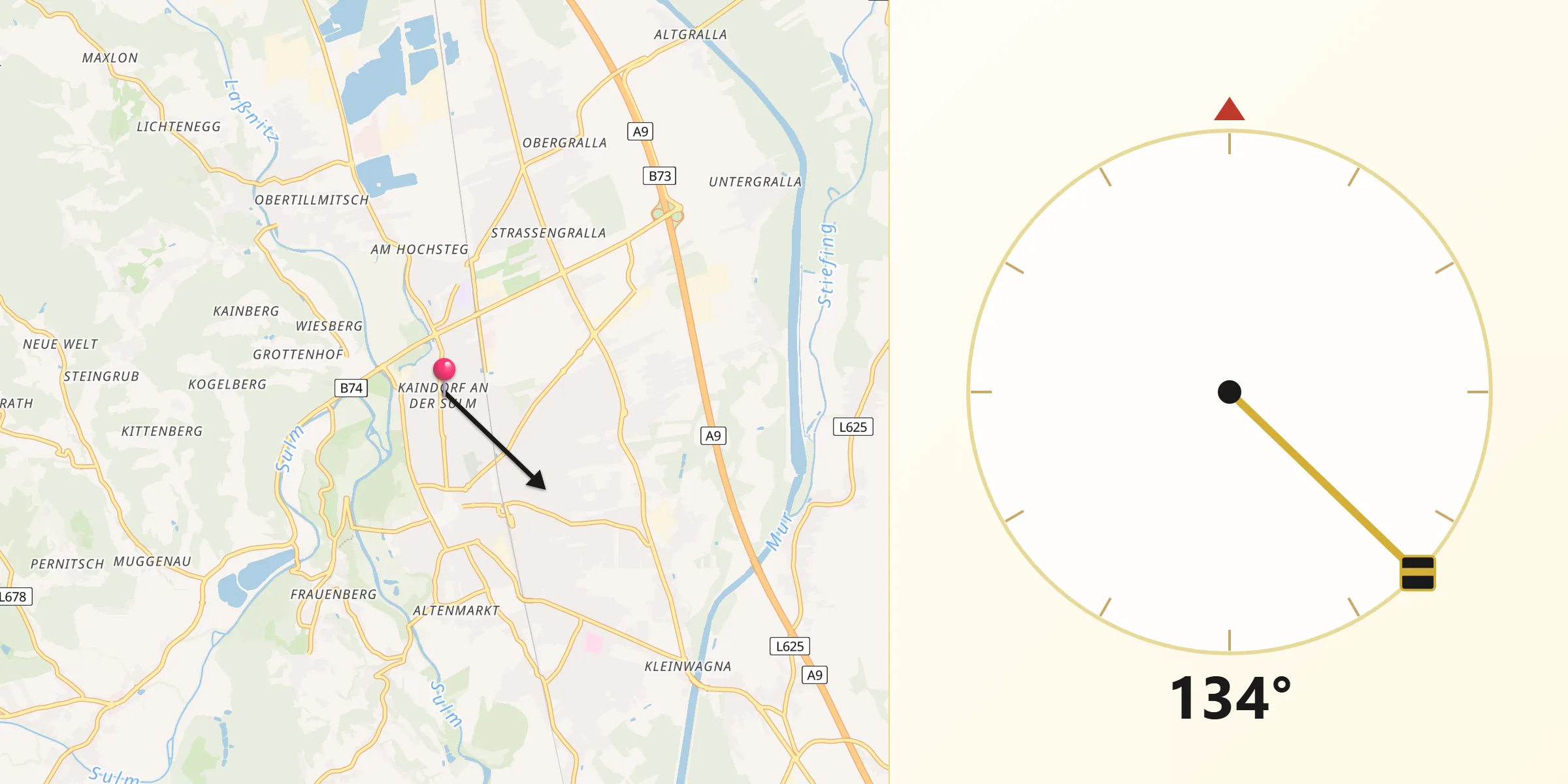 Qibla-Richtung von Kaindorf an der Sulm