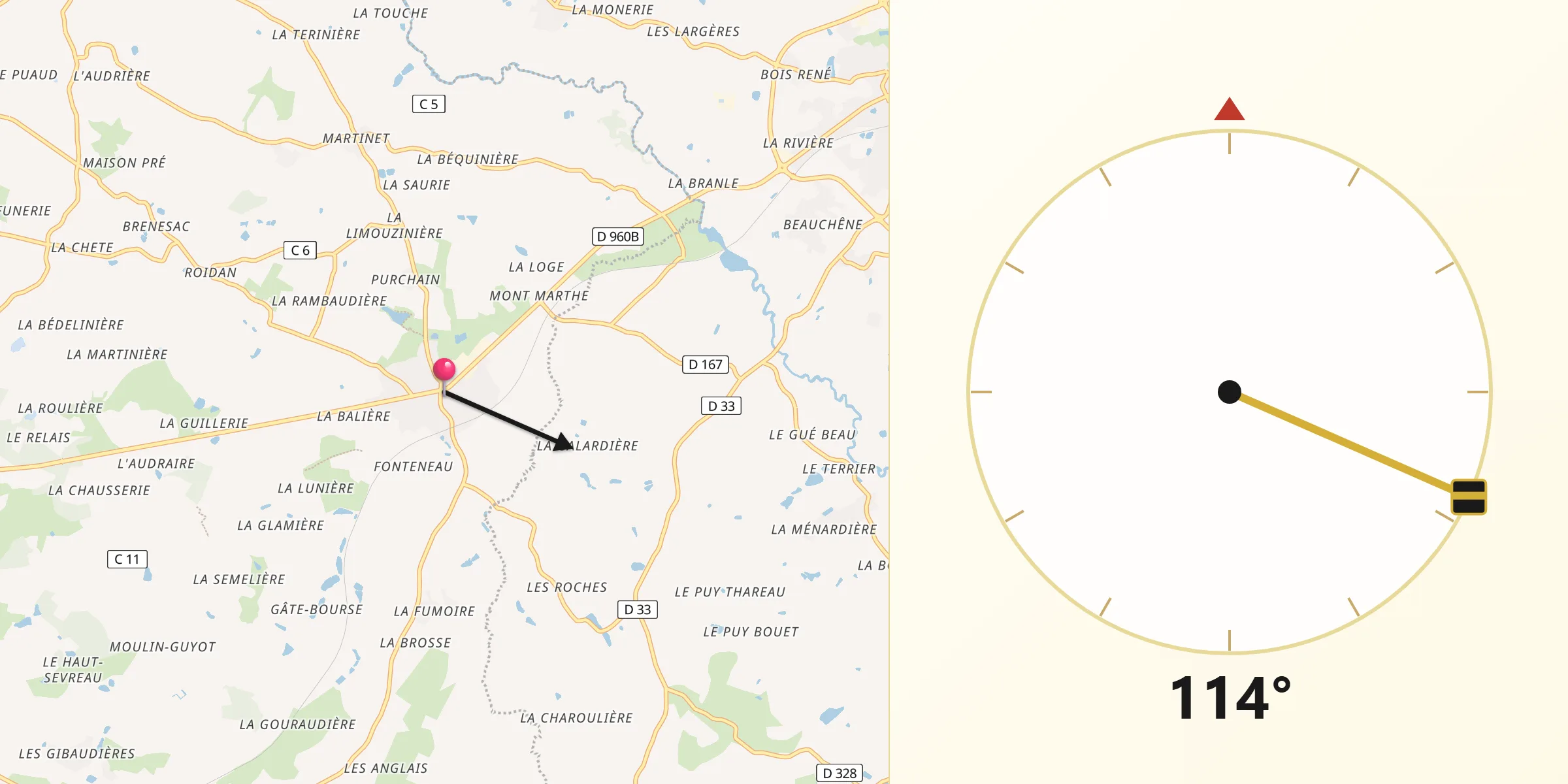Direction vers la Qibla depuis Saint-Mesmin