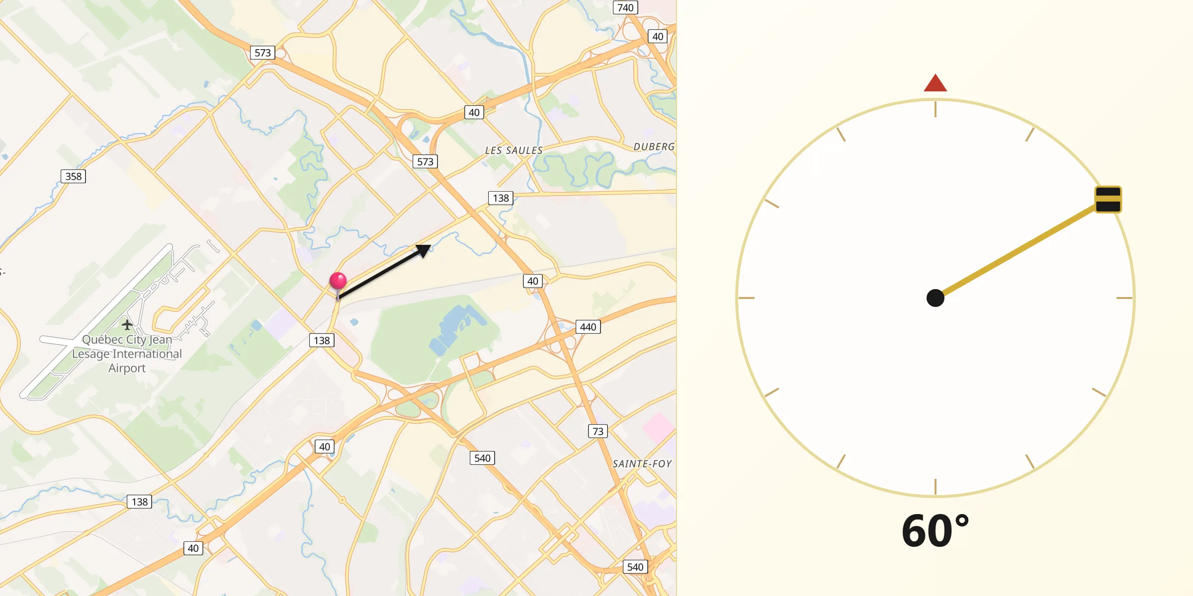 Qibla Direction from L'Ancienne-Lorette