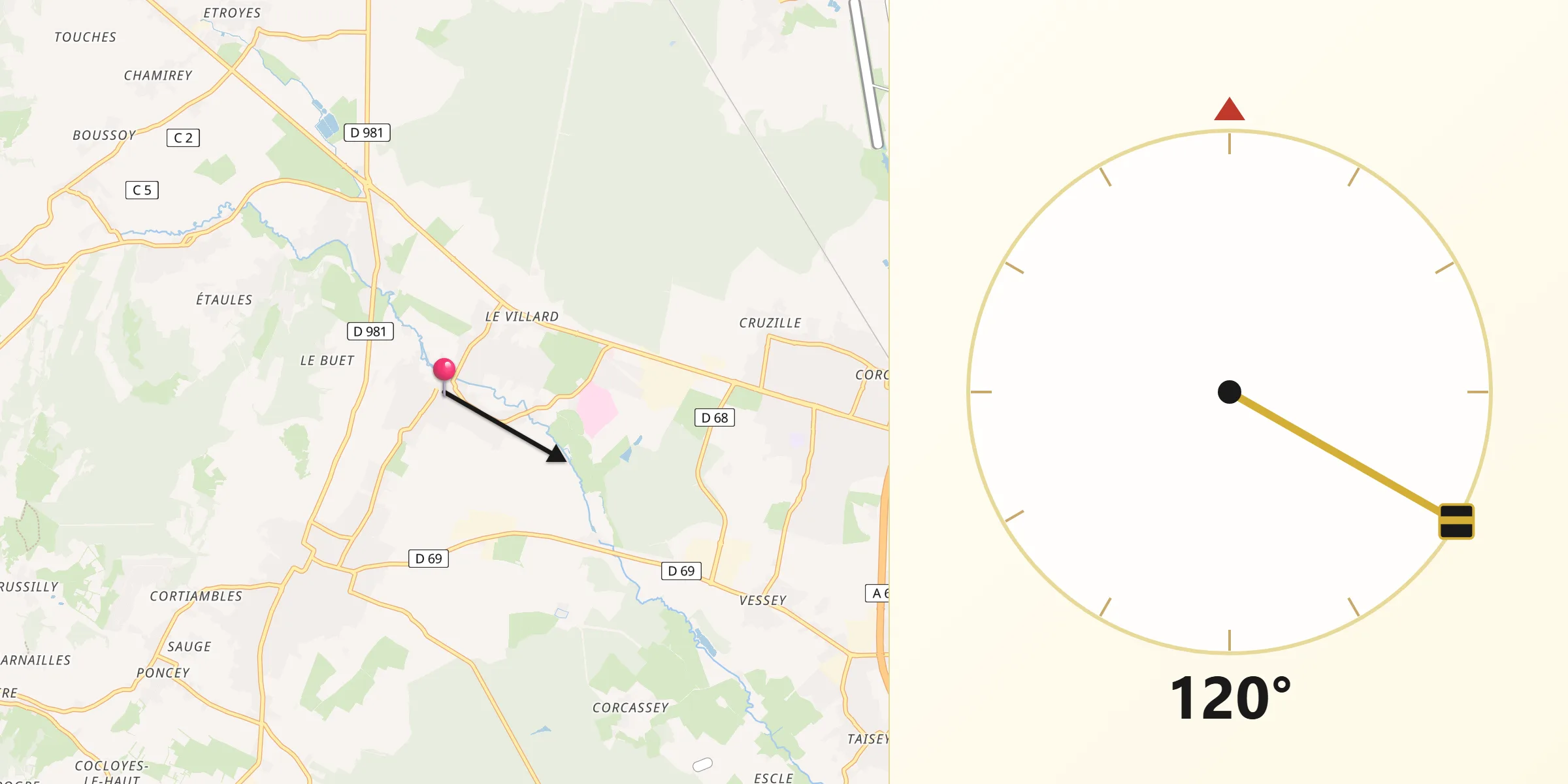 Direction vers la Qibla depuis Dracy-le-Fort