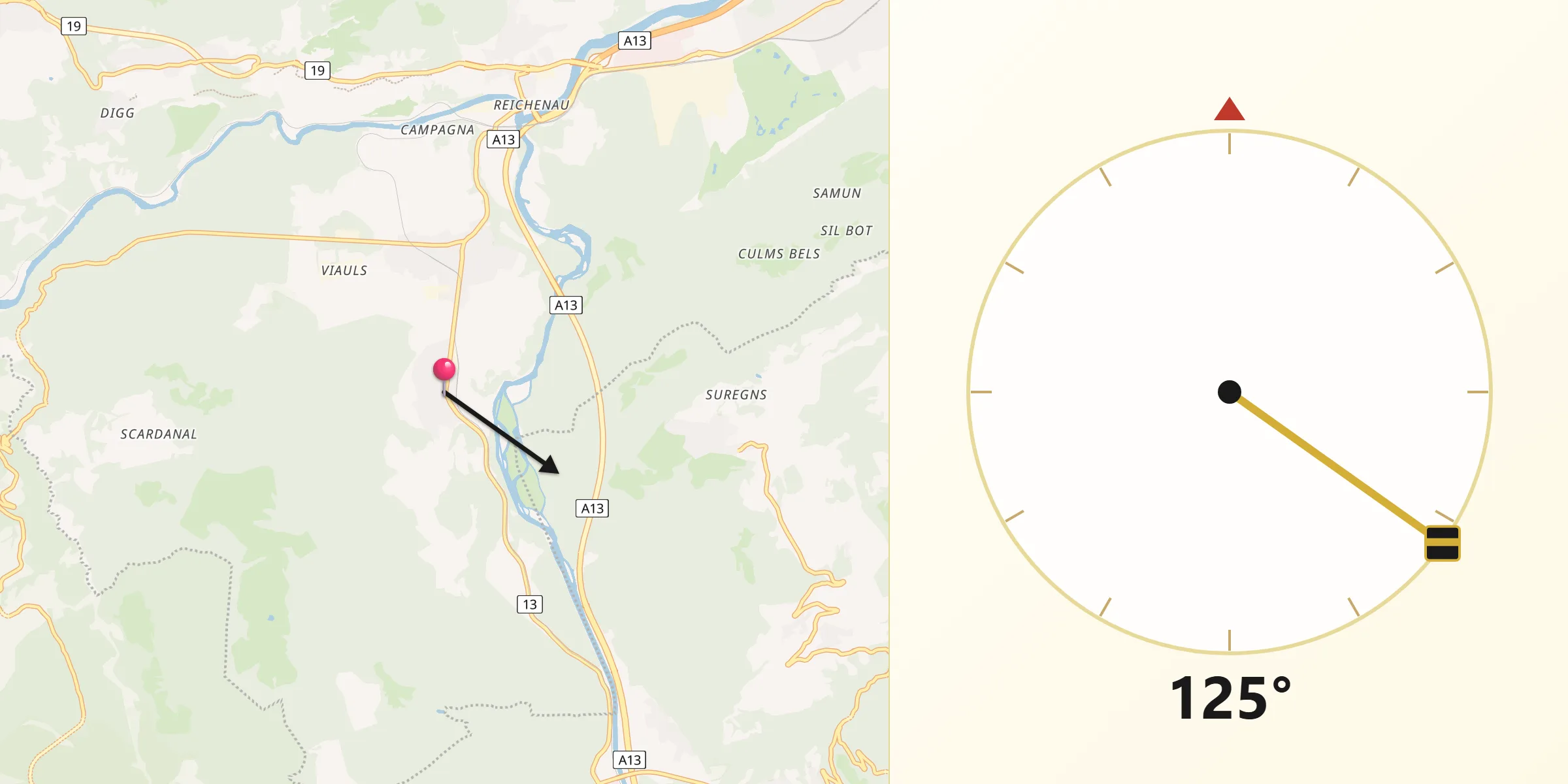 Direction vers la Qibla depuis Rhäzüns