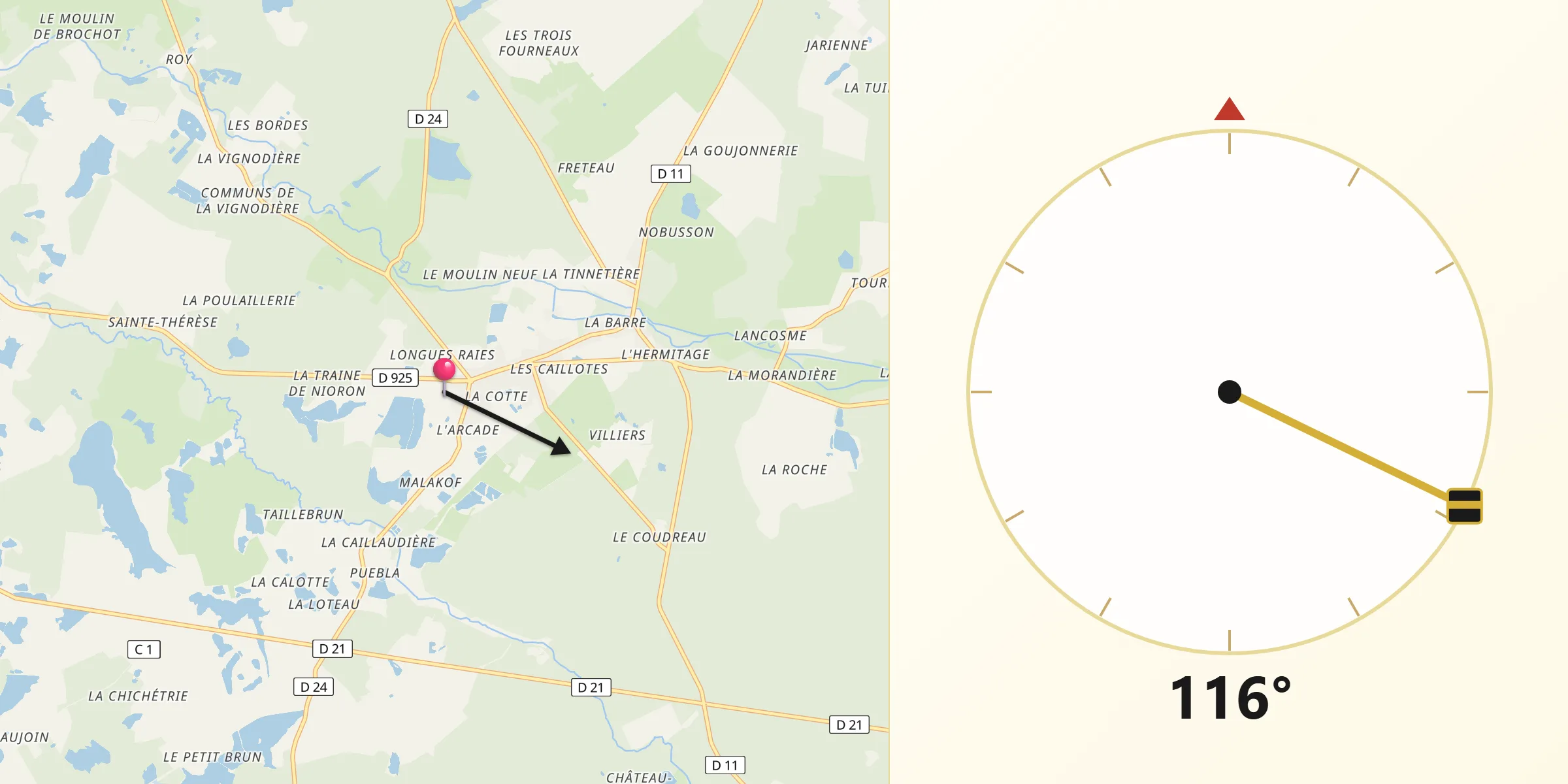Direction vers la Qibla depuis Vendœuvres