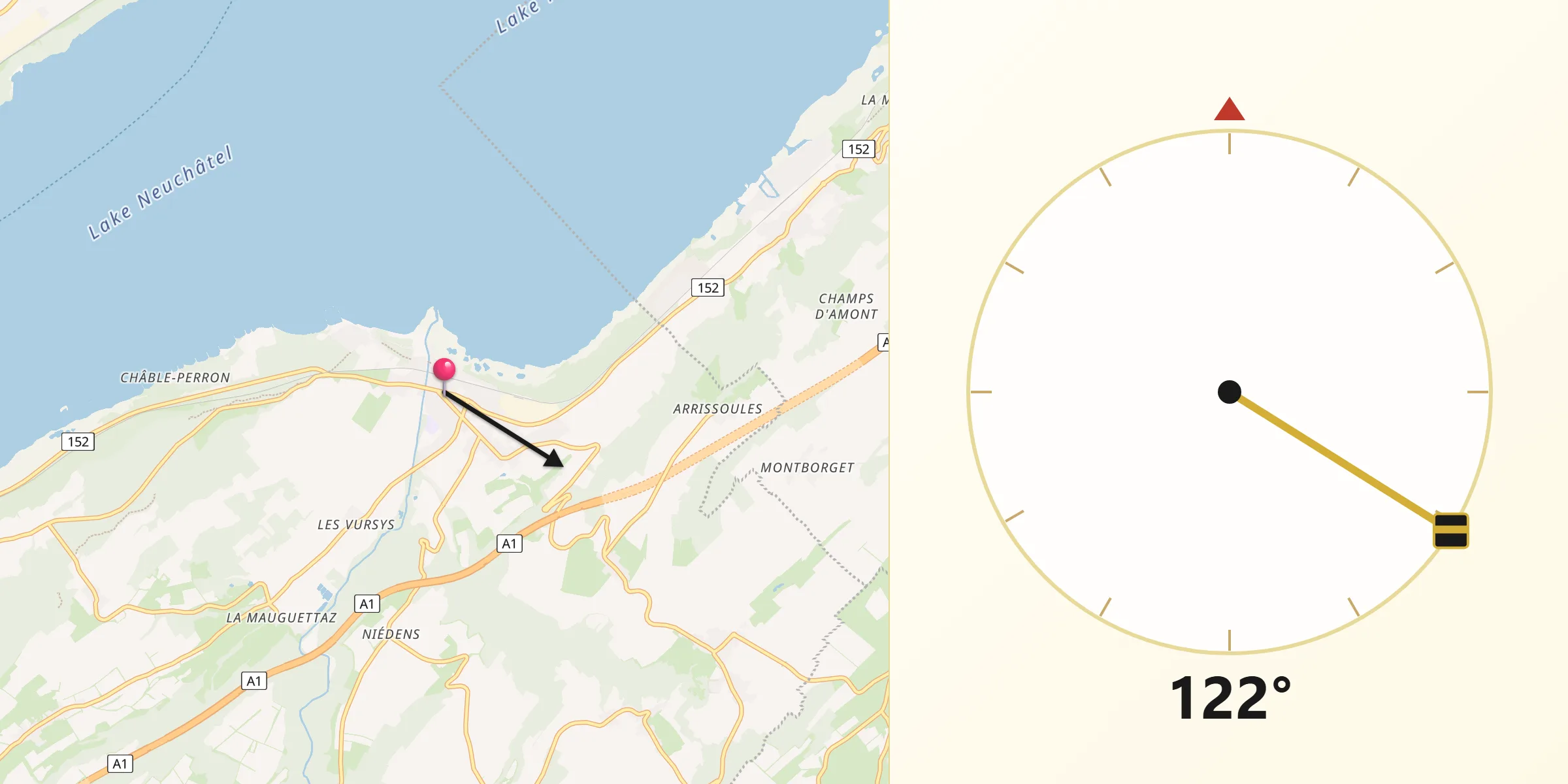 Direction vers la Qibla depuis Yvonand
