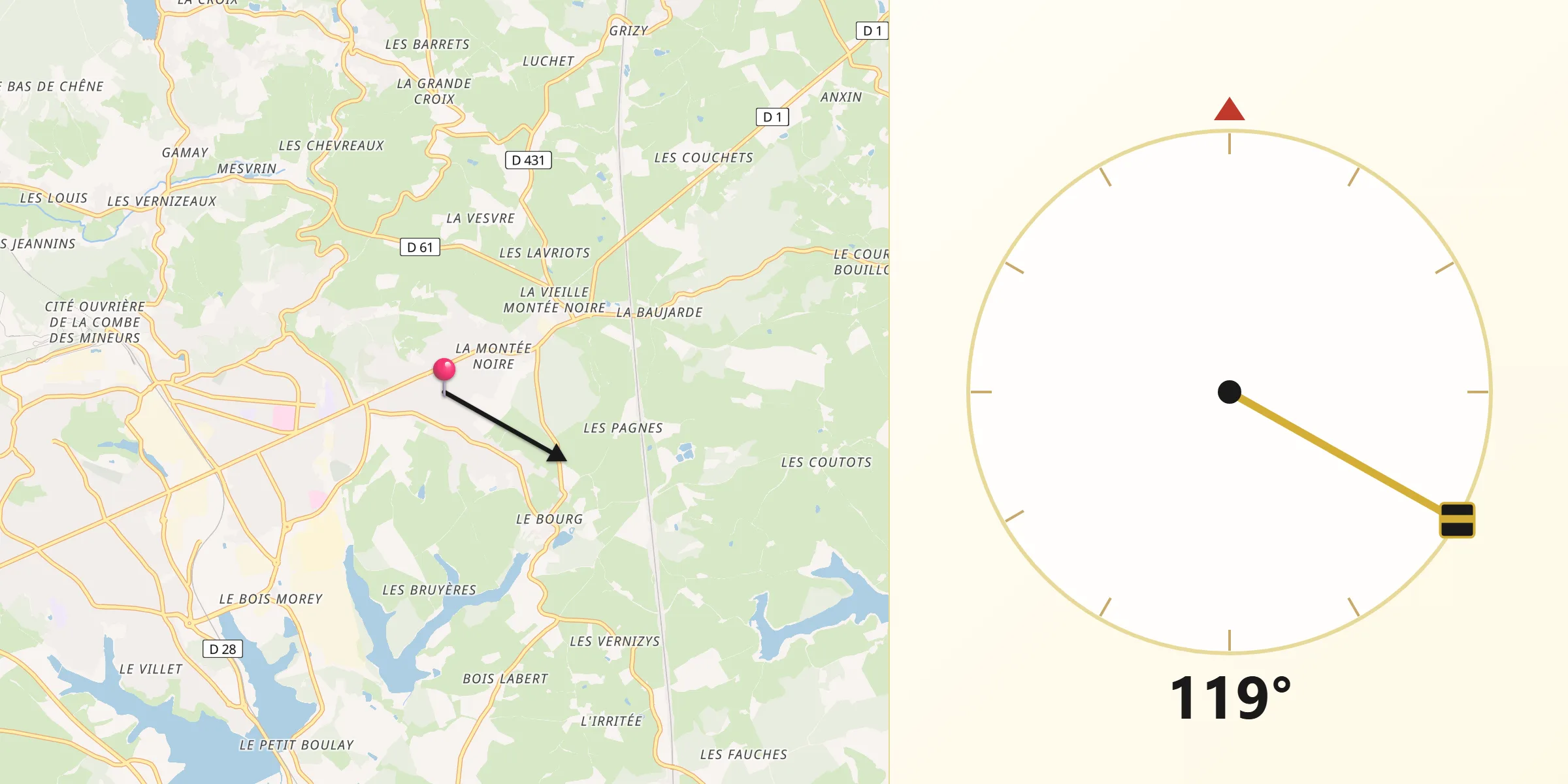 Direction vers la Qibla depuis Le Breuil
