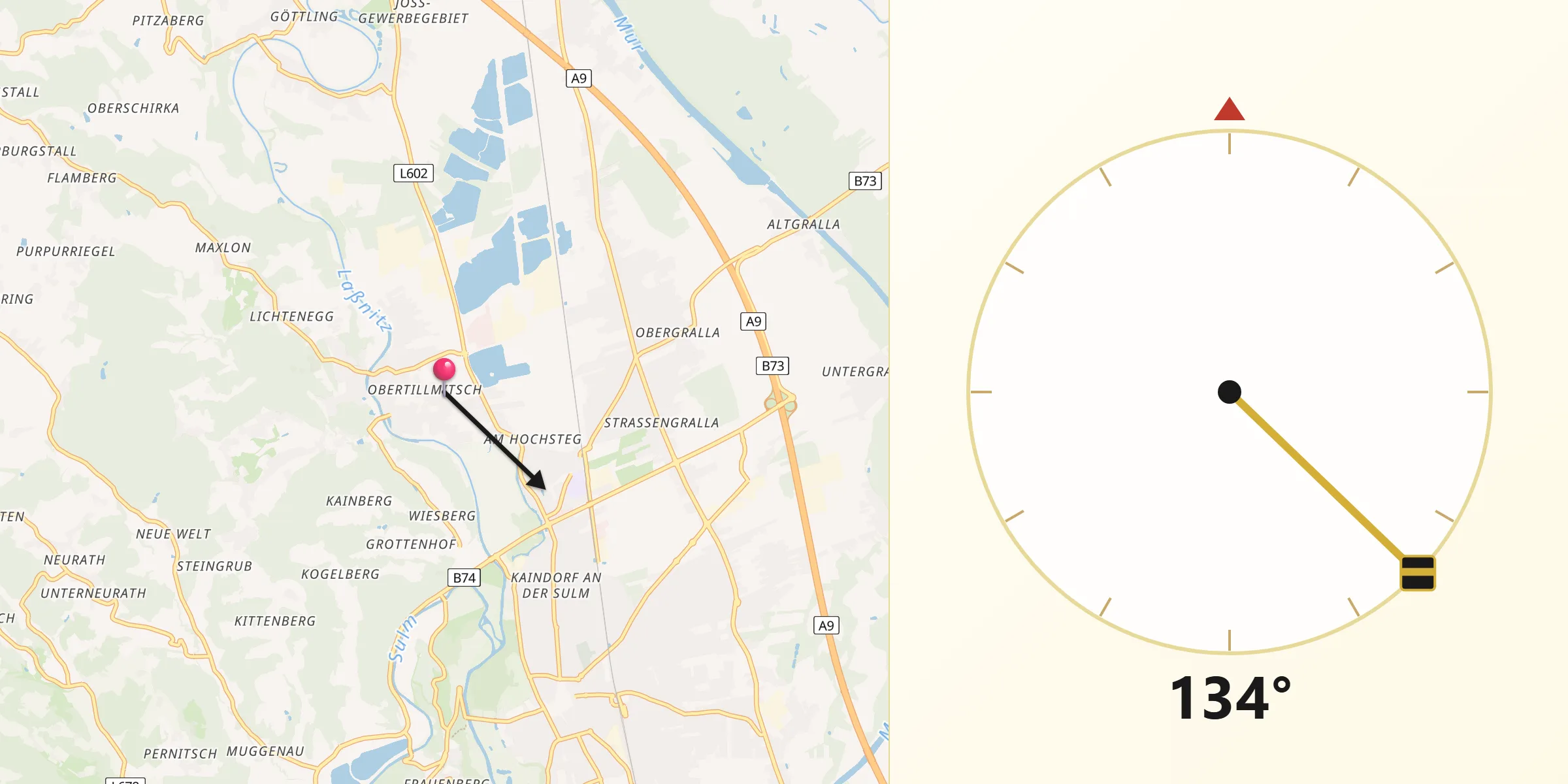 Qibla-Richtung von Tillmitsch Links der Laßnitz