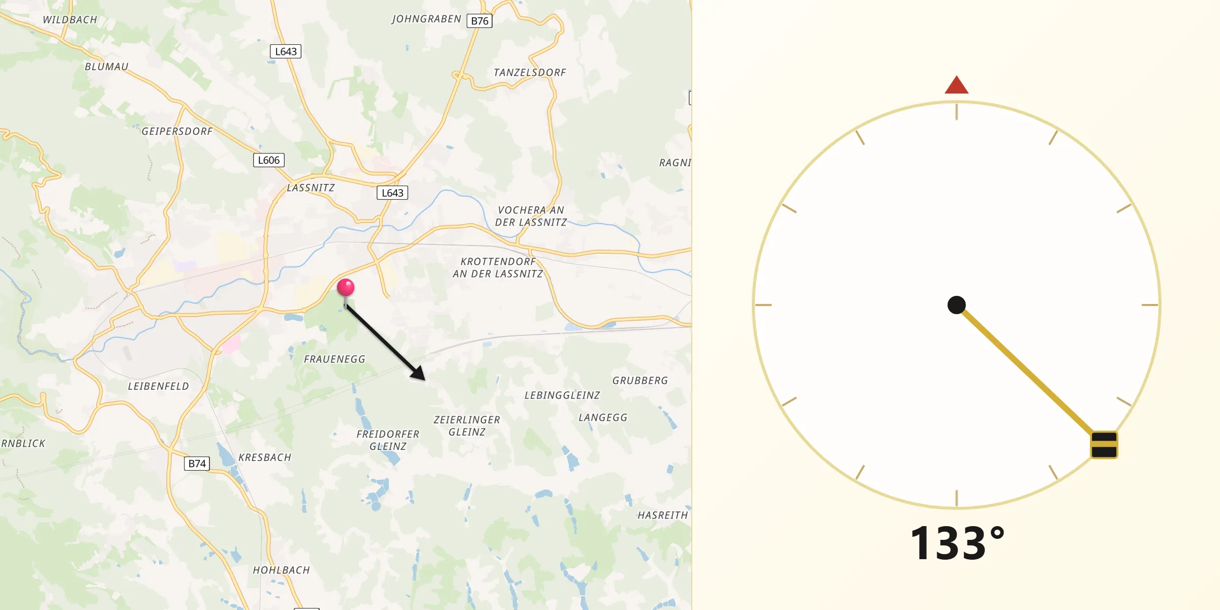 Qibla-Richtung von Freidorf an der Laßnitz