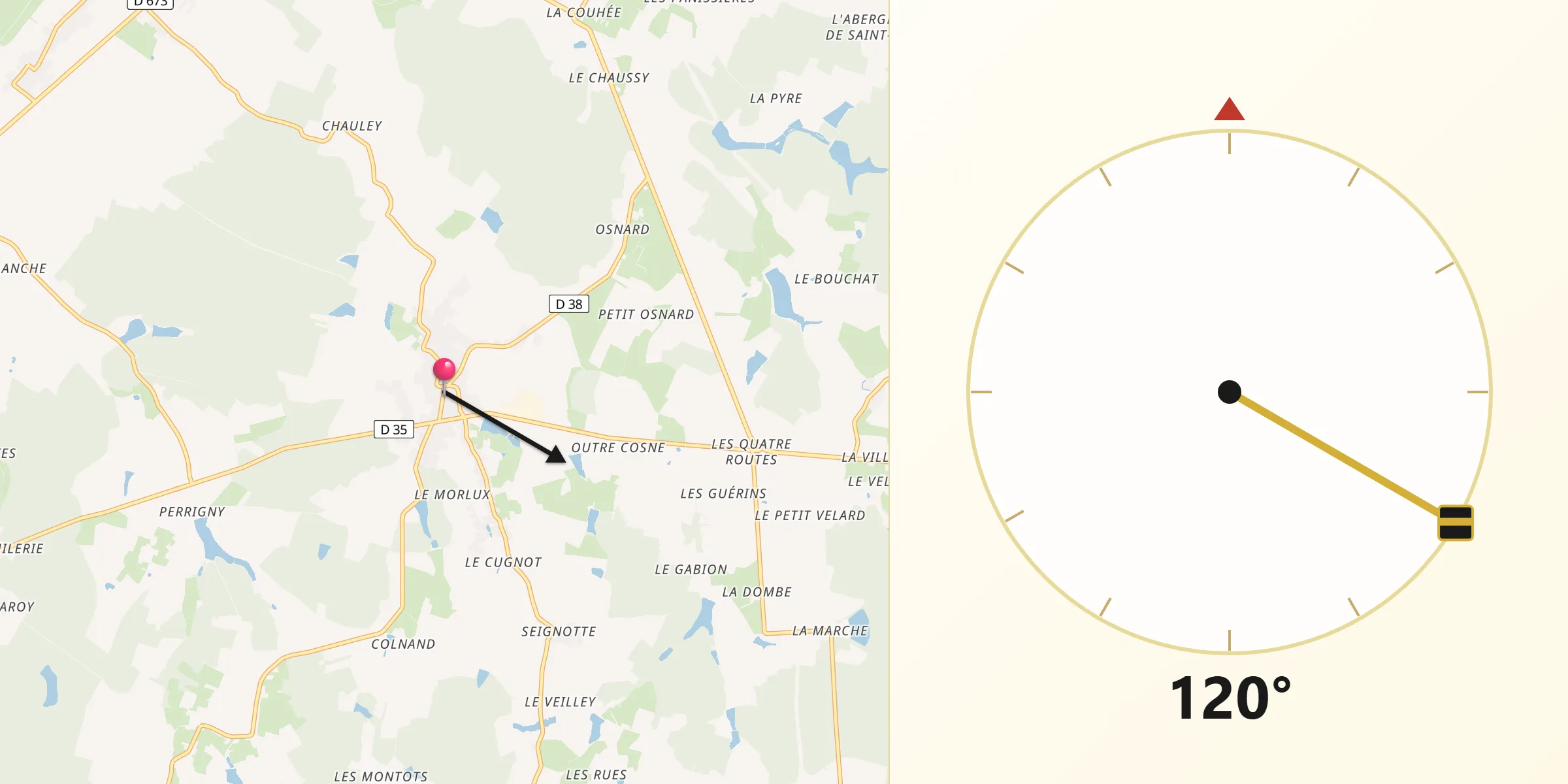Direction vers la Qibla depuis Saint-Martin-en-Bresse