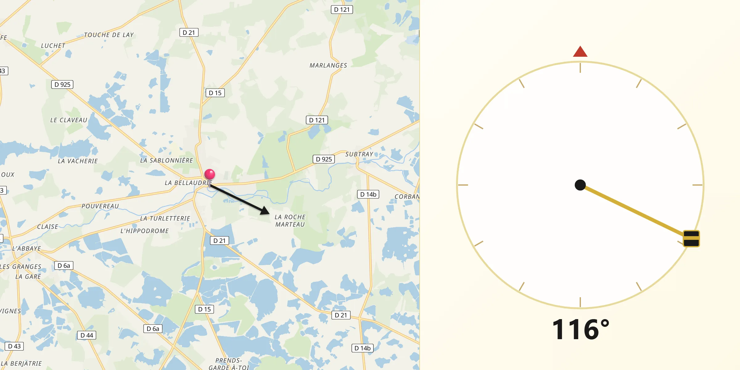 Direction vers la Qibla depuis Mézières-en-Brenne