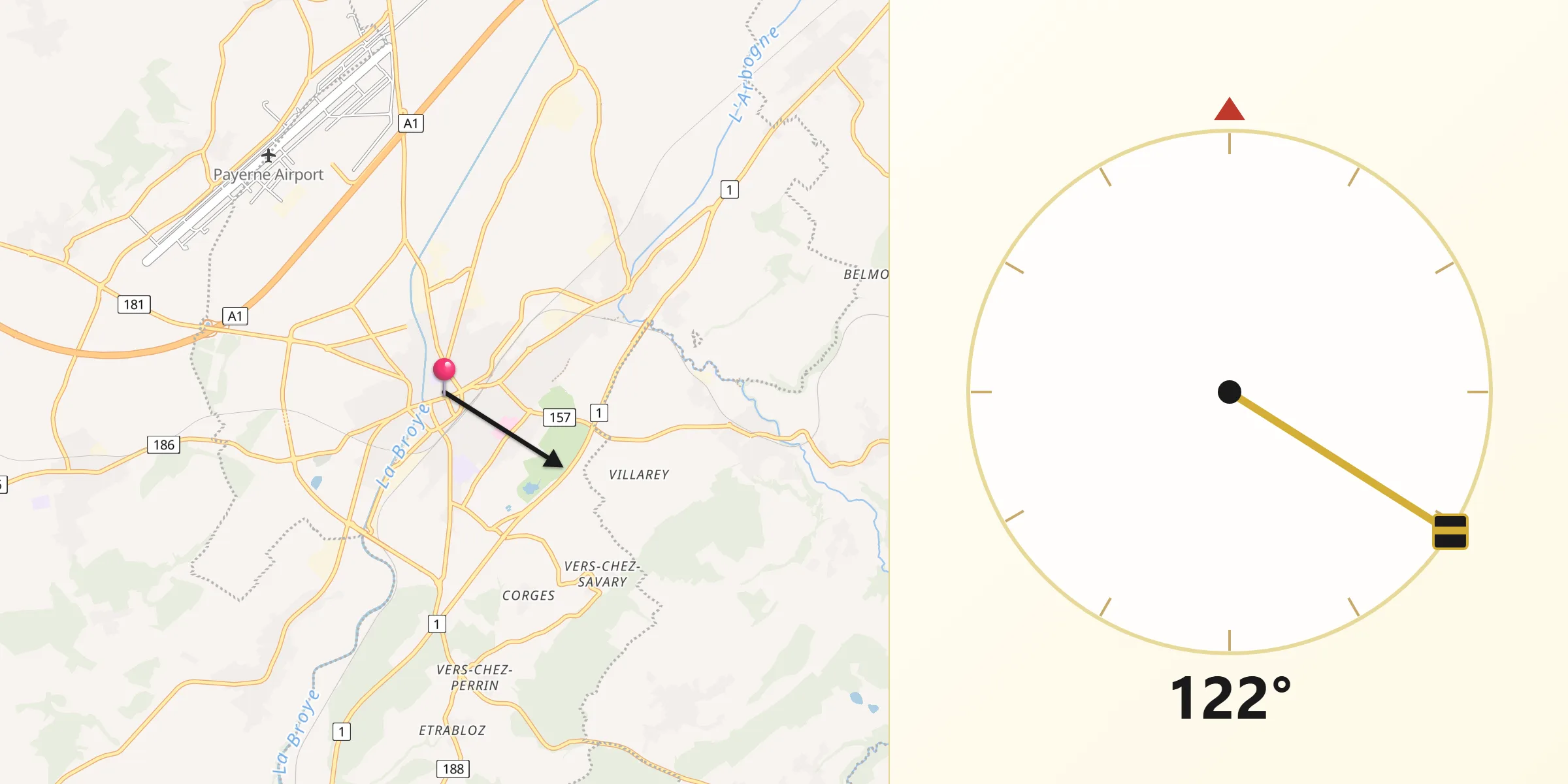Direction vers la Qibla depuis Payerne