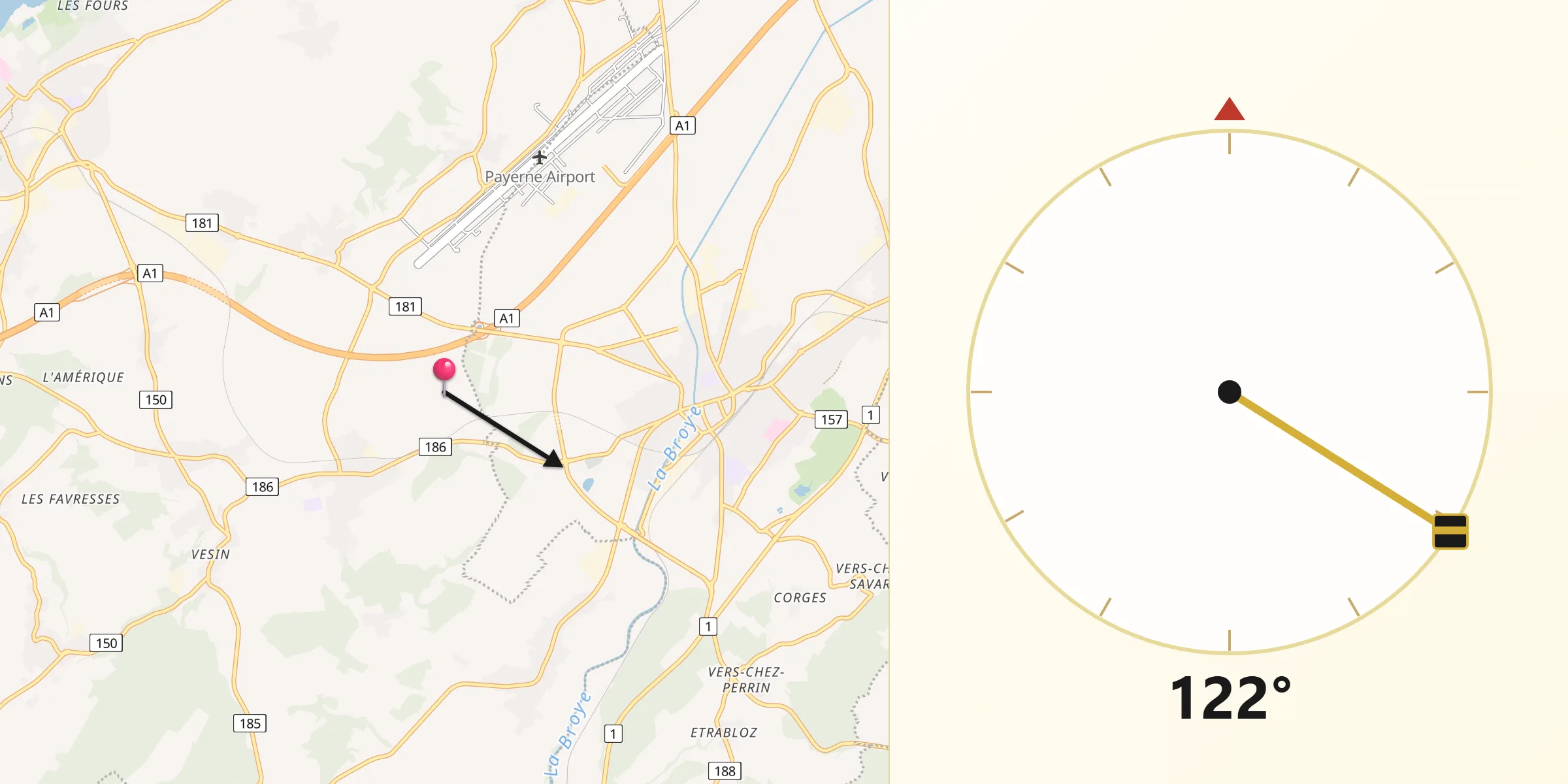 Direction vers la Qibla depuis Broye
