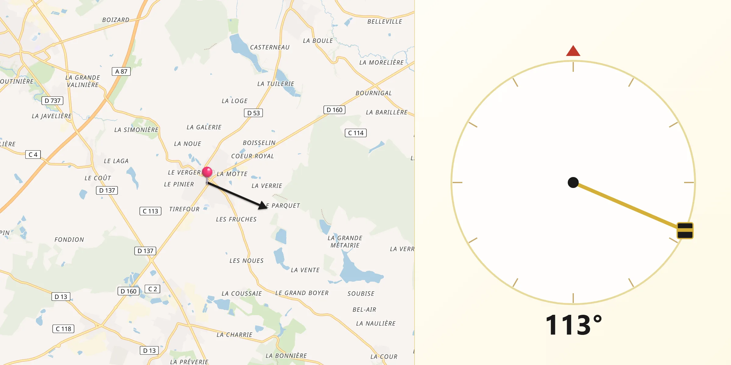 Direction vers la Qibla depuis Vendrennes
