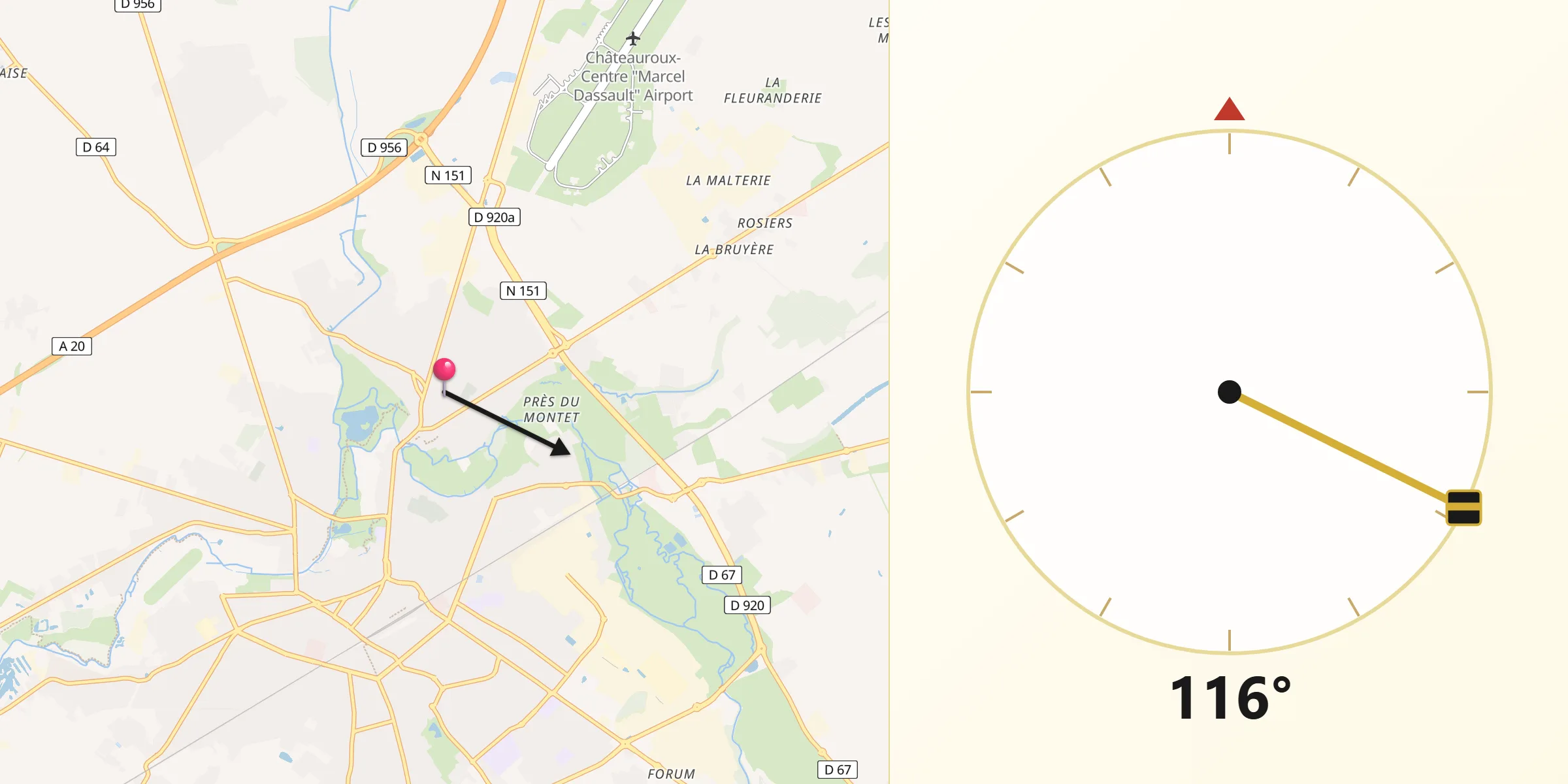 Direction vers la Qibla depuis Déols
