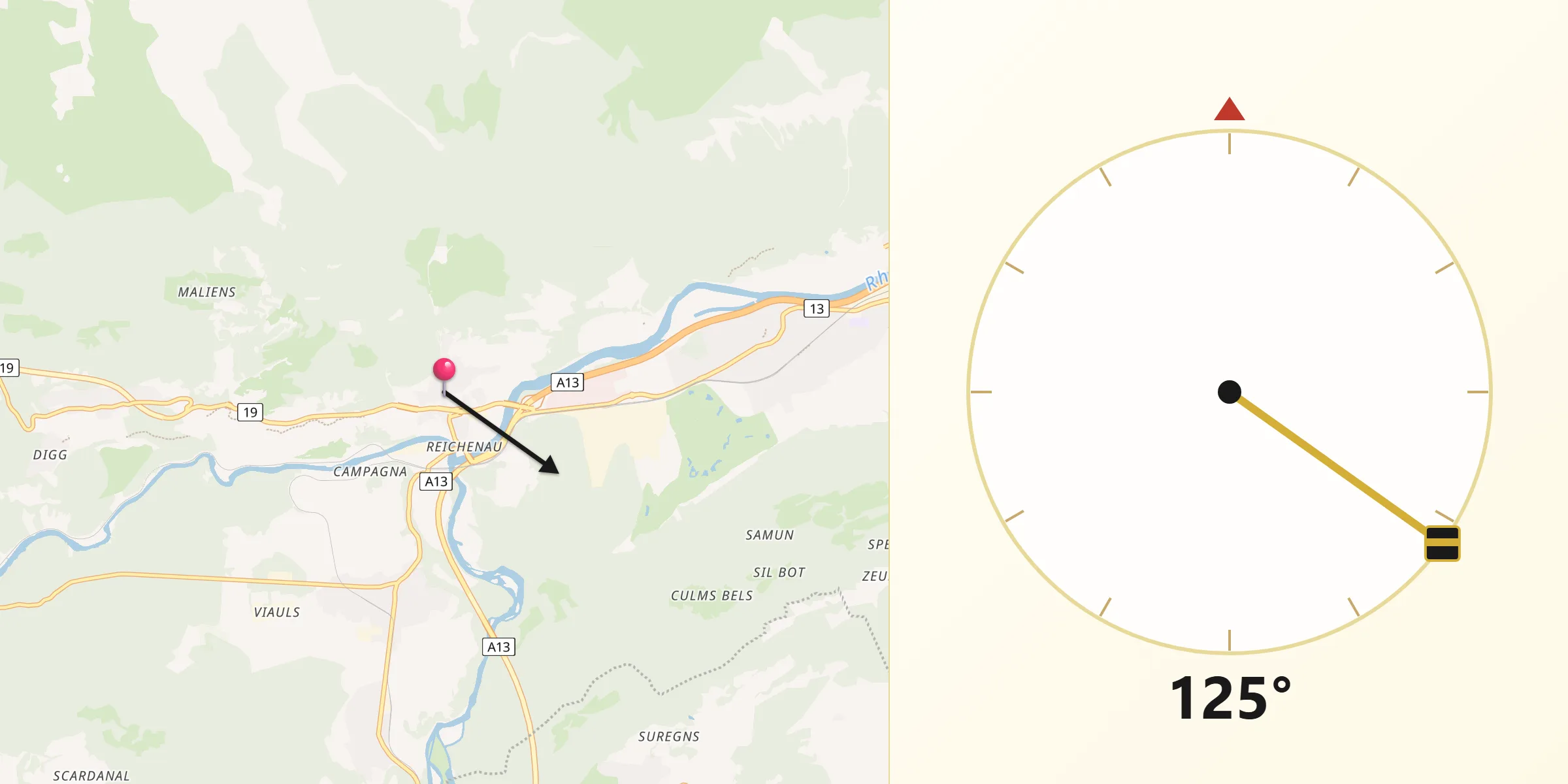 Direction vers la Qibla depuis Tamins