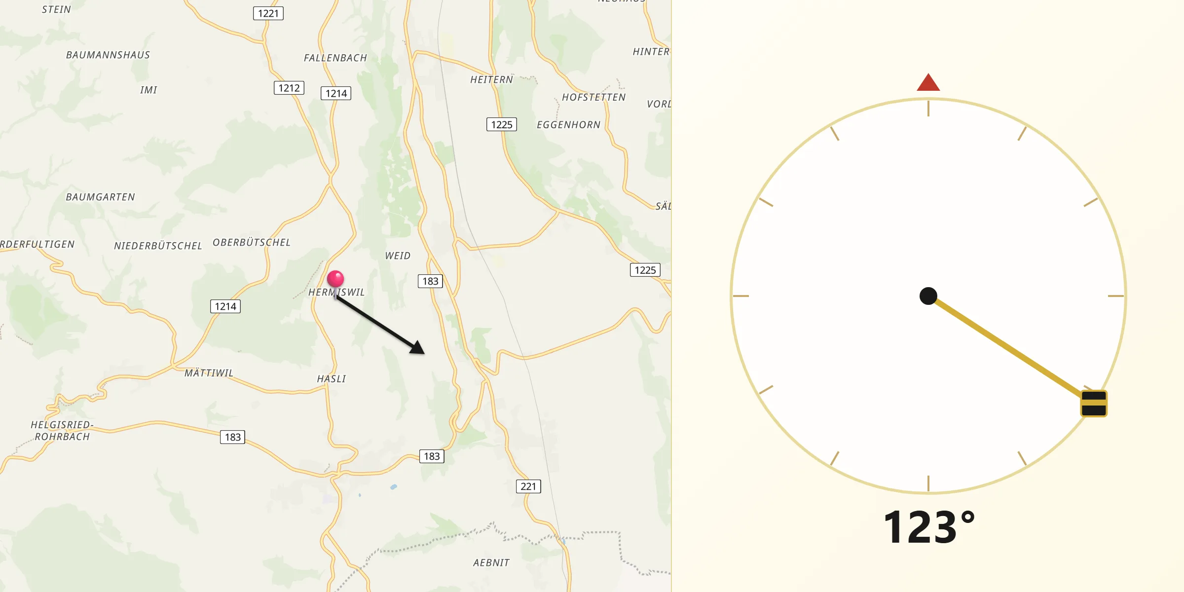 Direction vers la Qibla depuis Hermiswil