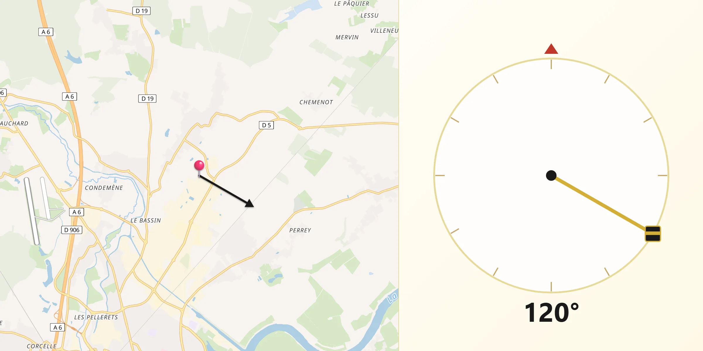 Direction vers la Qibla depuis Virey-le-Grand