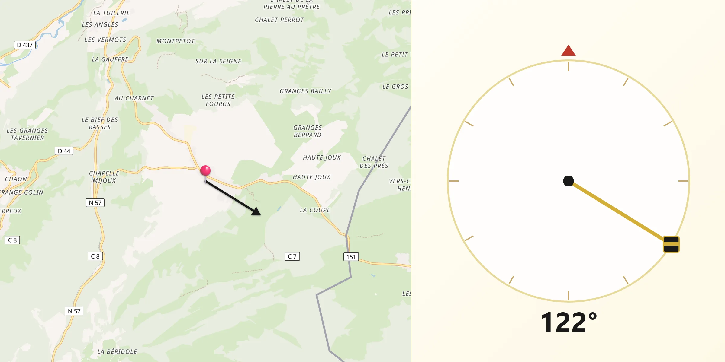 Direction vers la Qibla depuis Les Fourgs