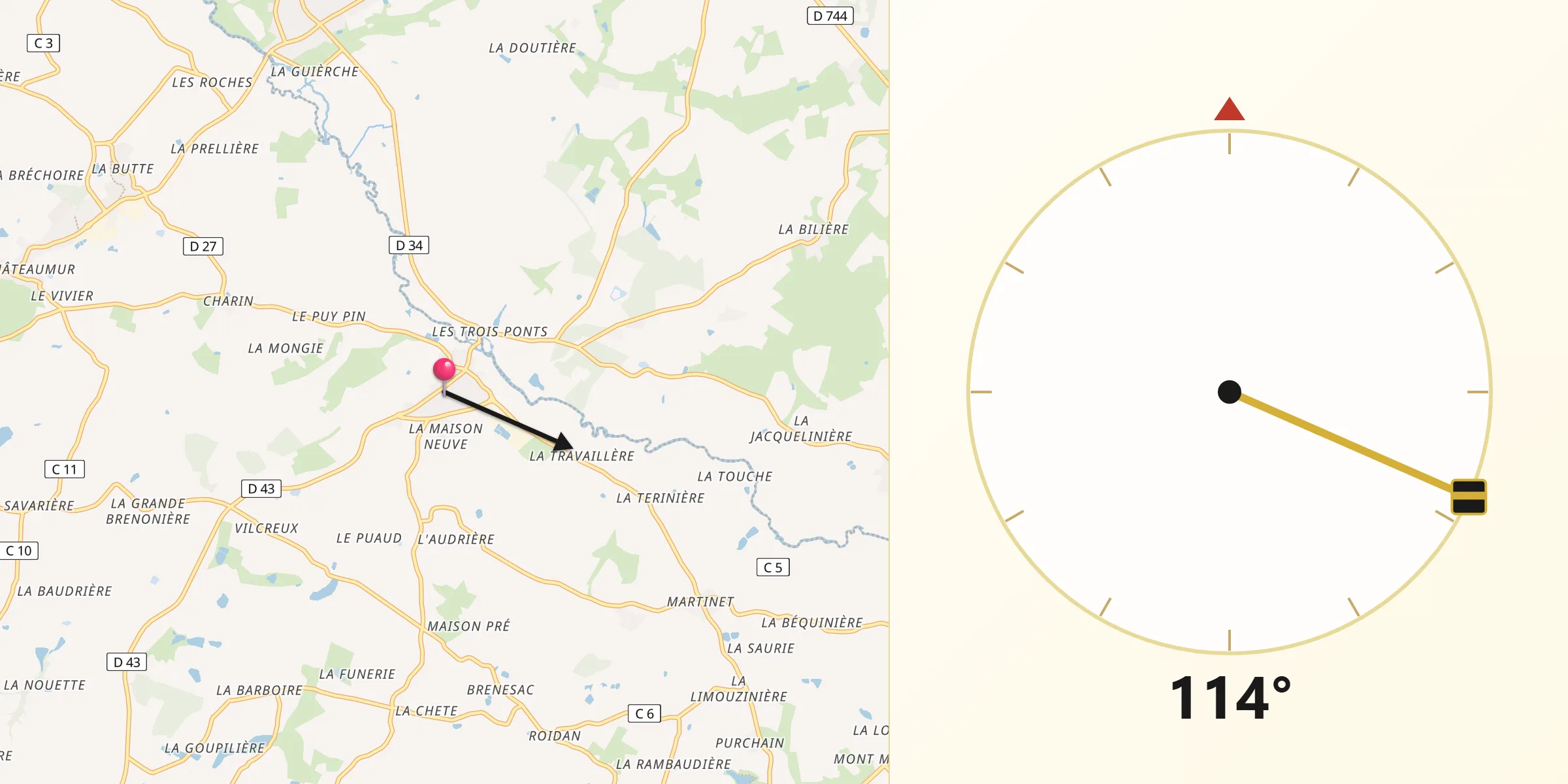 Direction vers la Qibla depuis La Pommeraie-sur-Sèvre