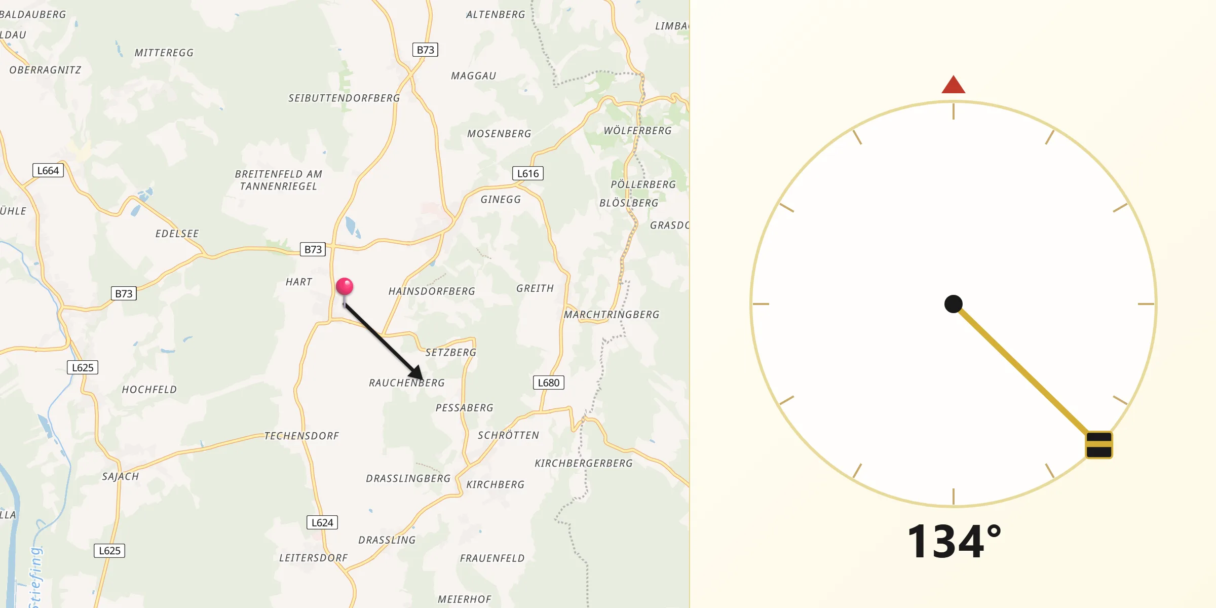 Qibla-Richtung von Hainsdorf im Schwarzautal