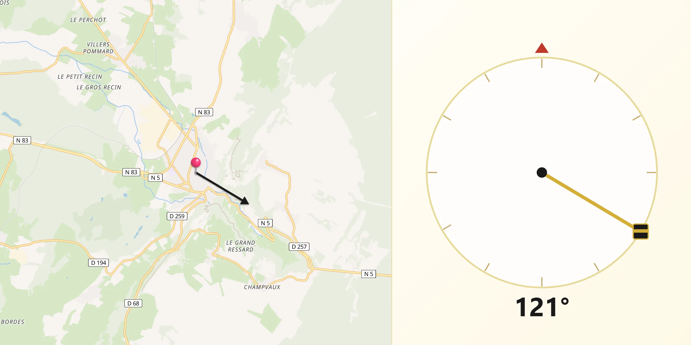 Direction vers la Qibla depuis Poligny