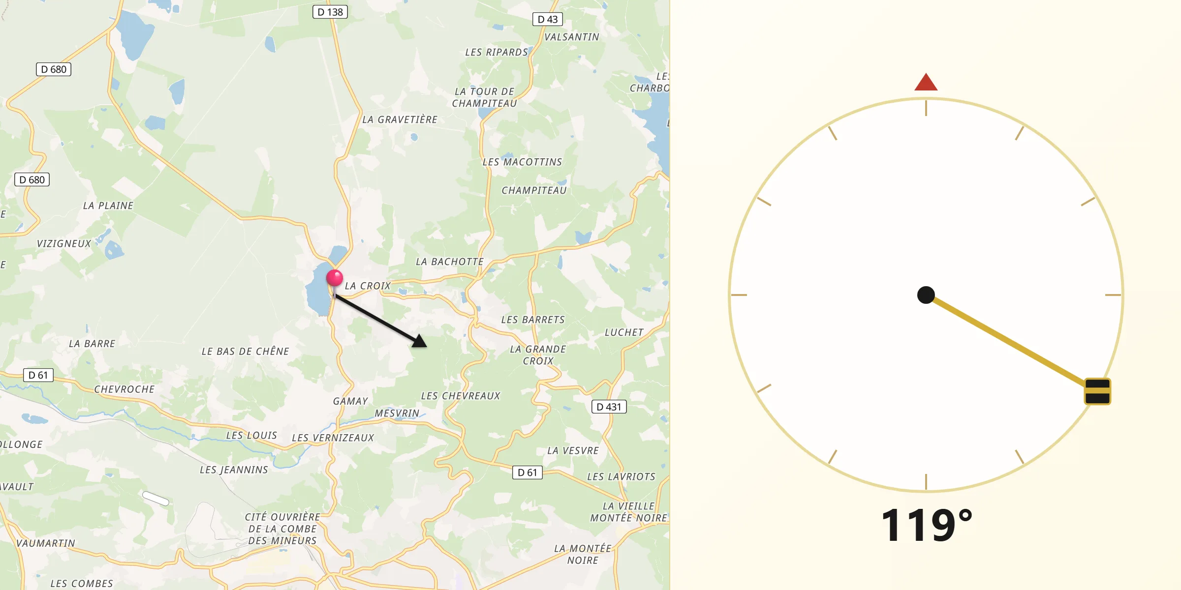 Direction vers la Qibla depuis Saint-Sernin-du-Bois