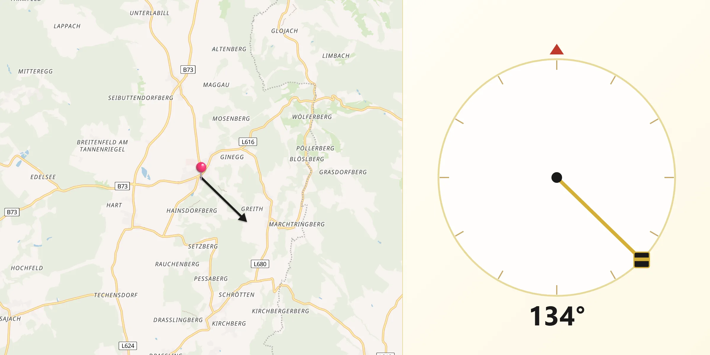 Qibla-Richtung von Wolfsberg im Schwarzautal