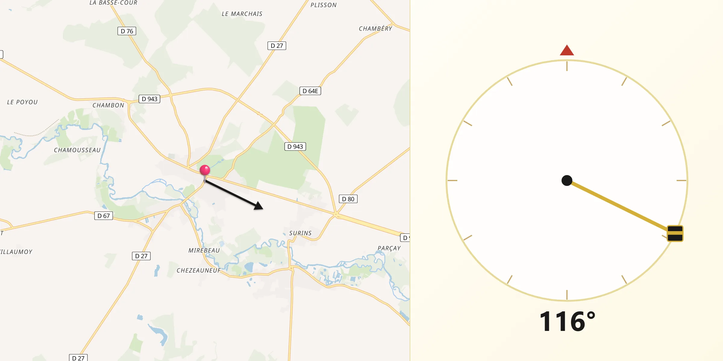 Direction vers la Qibla depuis Villedieu-sur-Indre