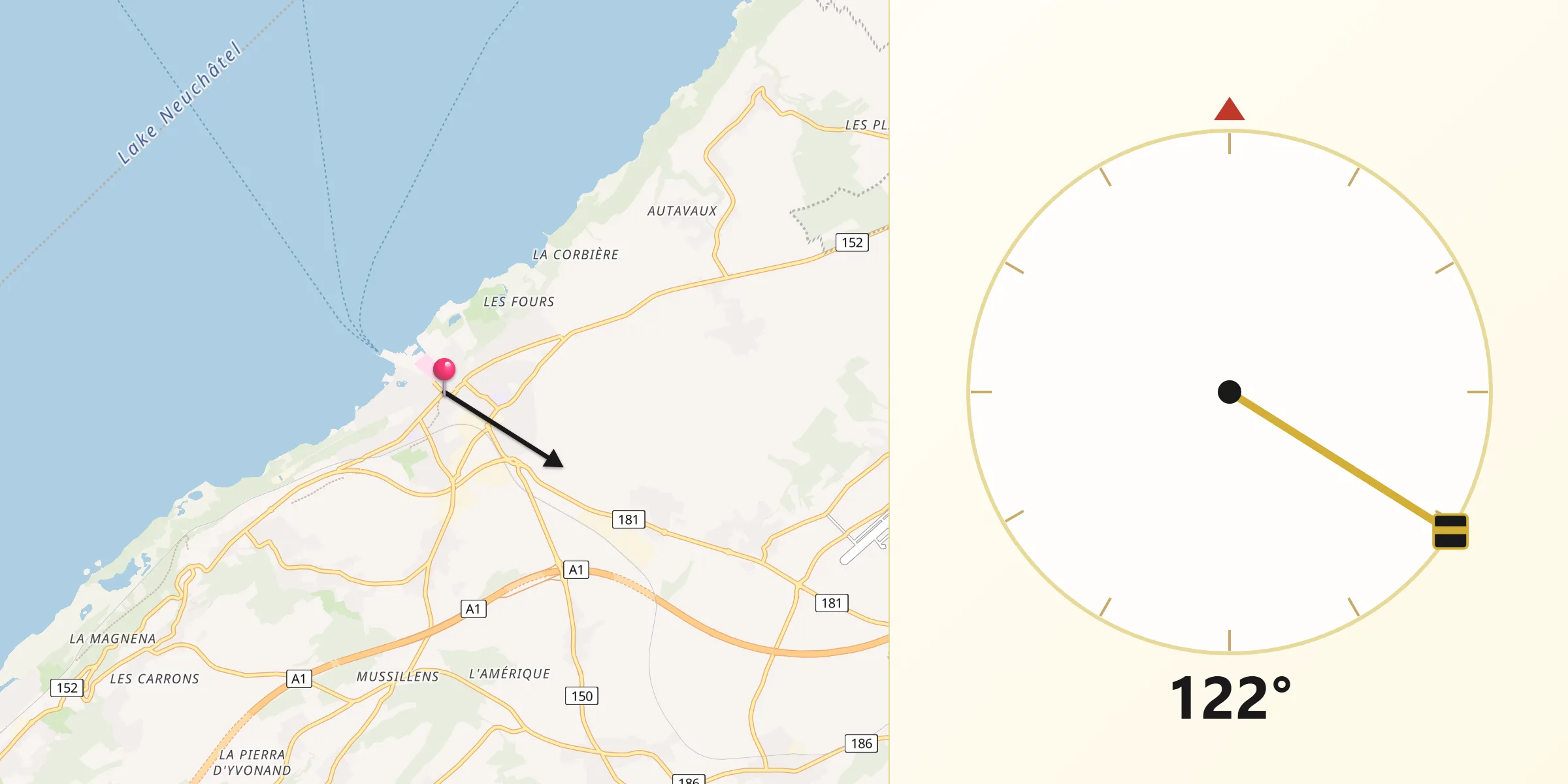 Qibla-Richtung von Estavayer-le-Lac