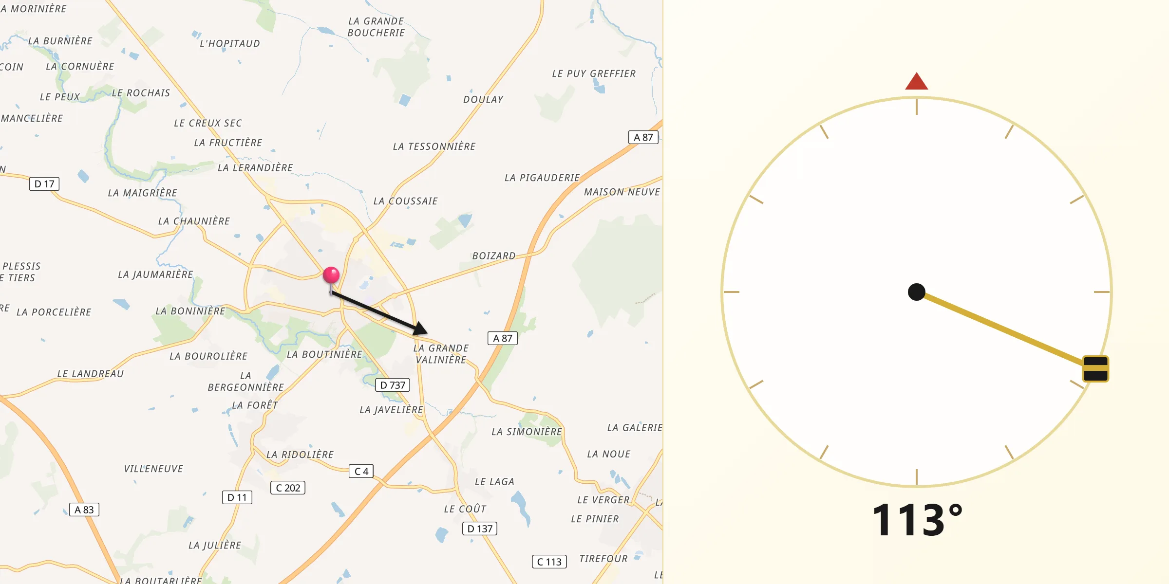 Direction vers la Qibla depuis Saint-Fulgent