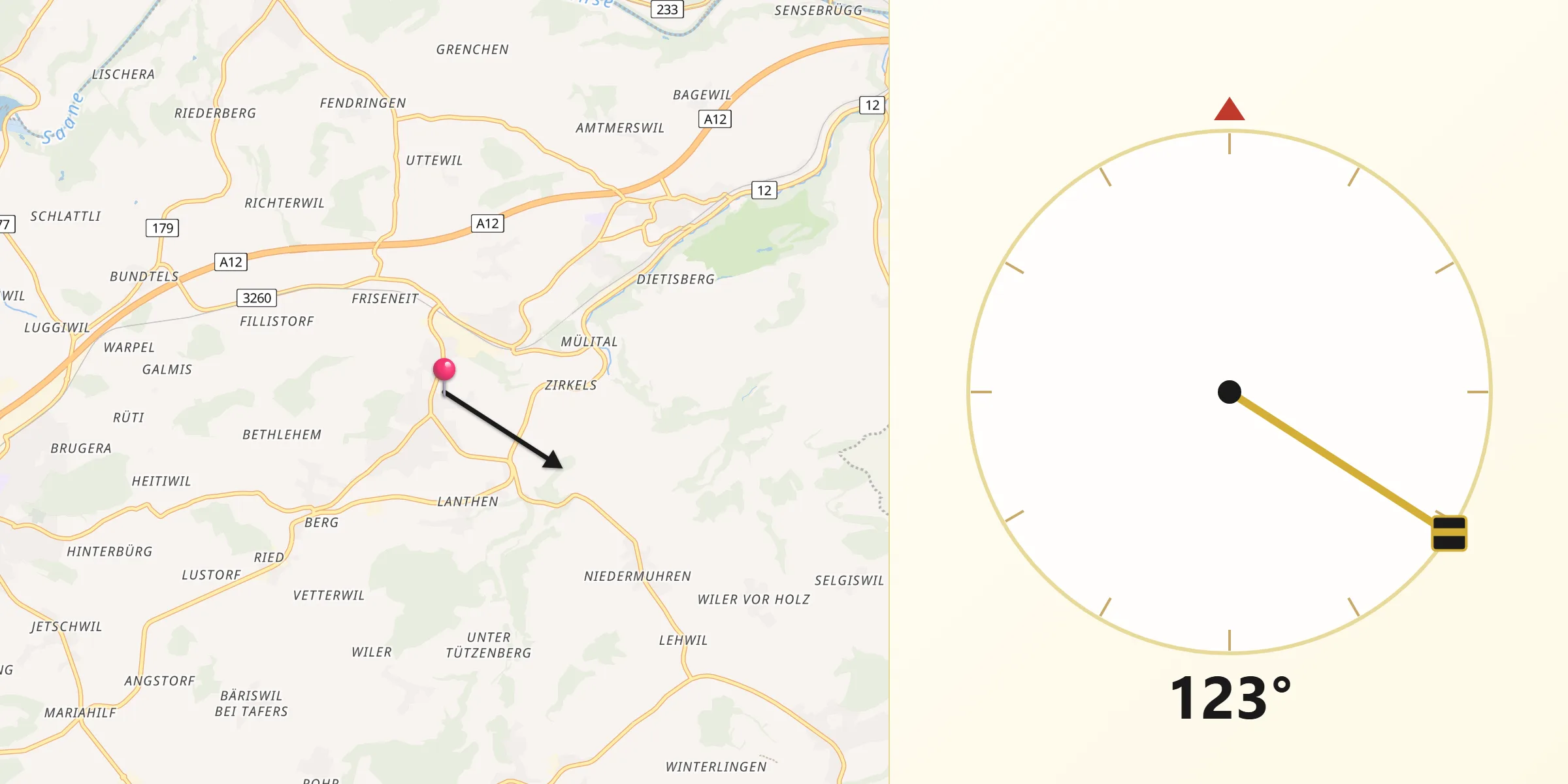 Direction vers la Qibla depuis Schmitten