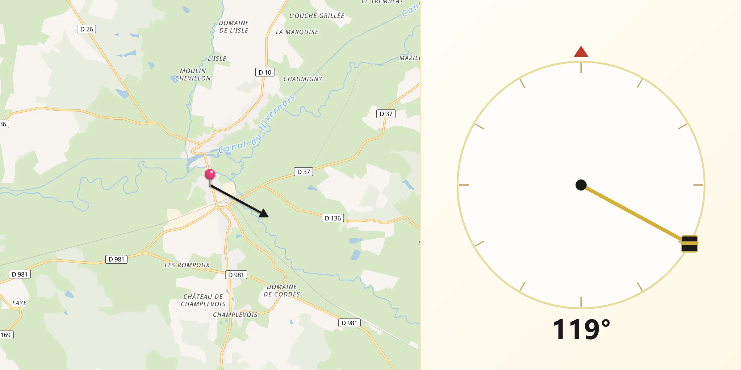Direction vers la Qibla depuis Cercy-la-Tour
