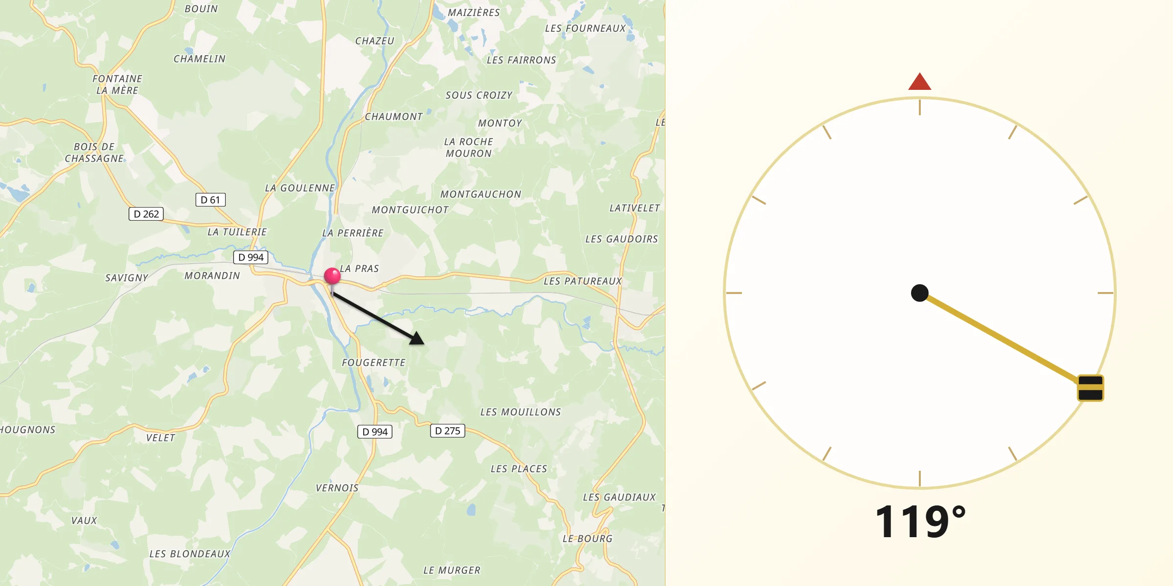 Direction vers la Qibla depuis Étang-sur-Arroux
