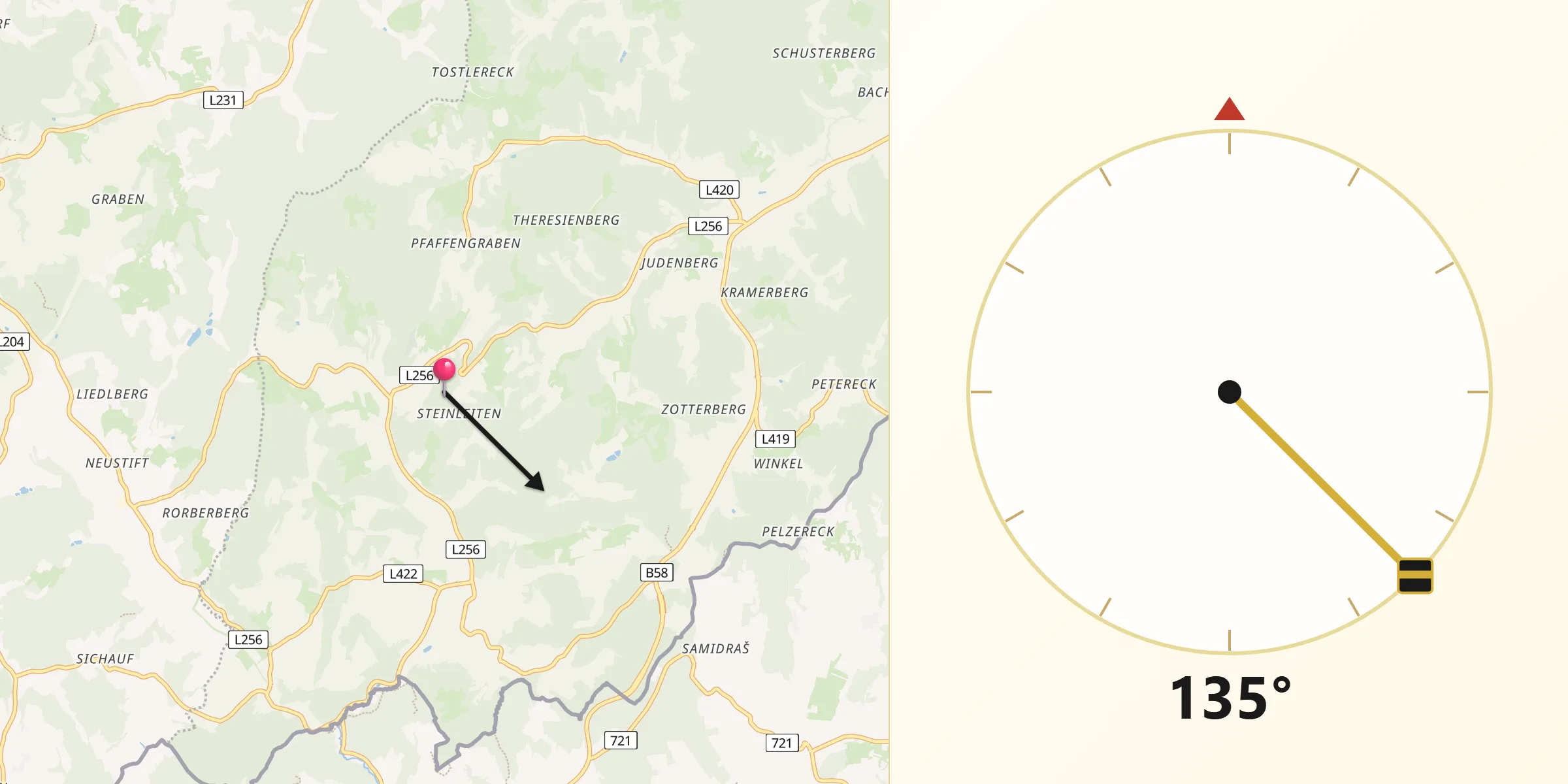 Qibla-Richtung von Neuhaus am Klausenbach