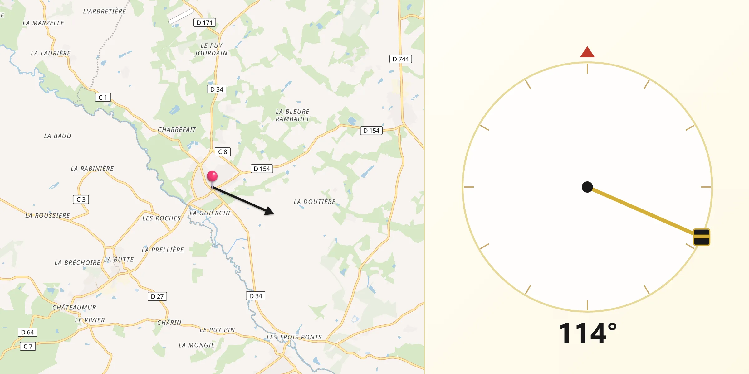 Direction vers la Qibla depuis Saint-Amand-sur-Sèvre